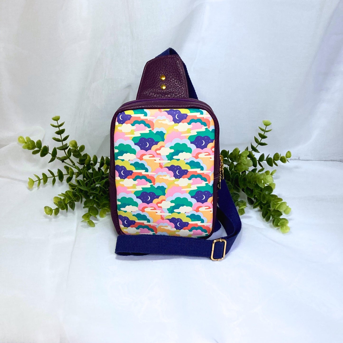 Mystical Space Sling Backpack | Purple Faux Leather | Adjustable Strap Bag Purse | Whimsical Crossbody Shoulder Travel Bag