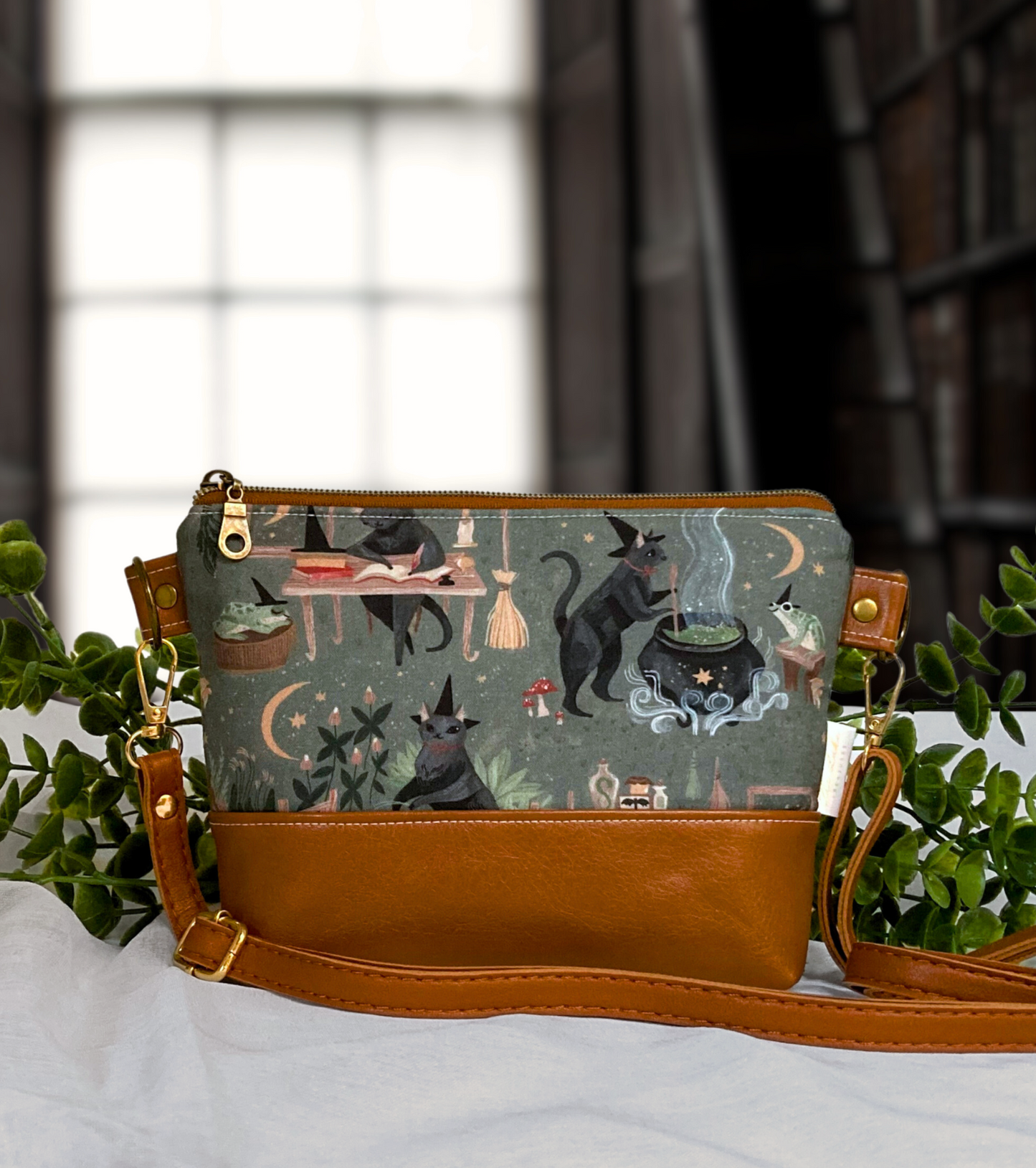 Witchy Cat and Toad Familiar Crossbody Purse | Brown Black Vegan Faux Leather