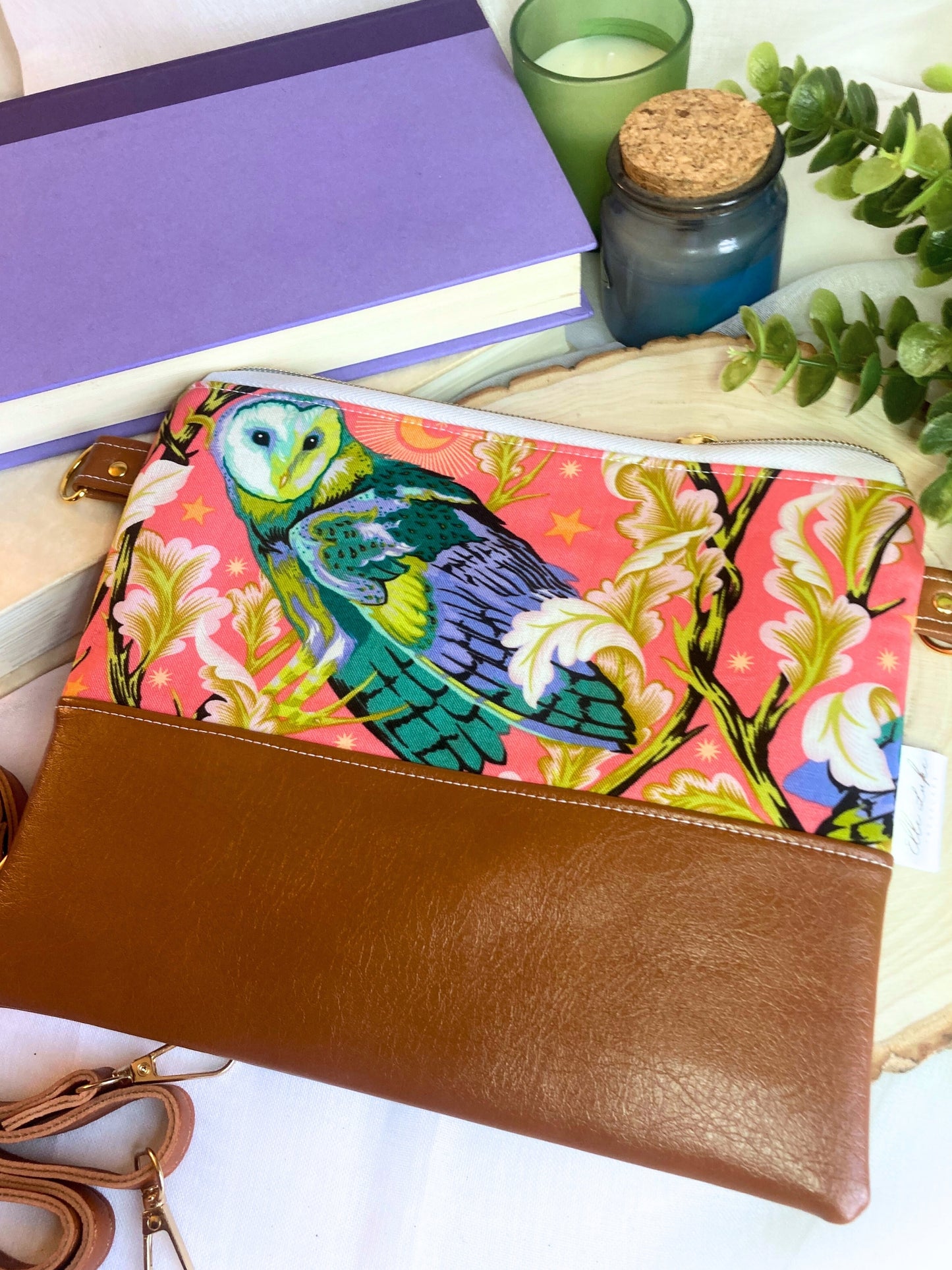 Tula Pink Barn Owl Crossbody Purse | Brown Vegan Faux Leather