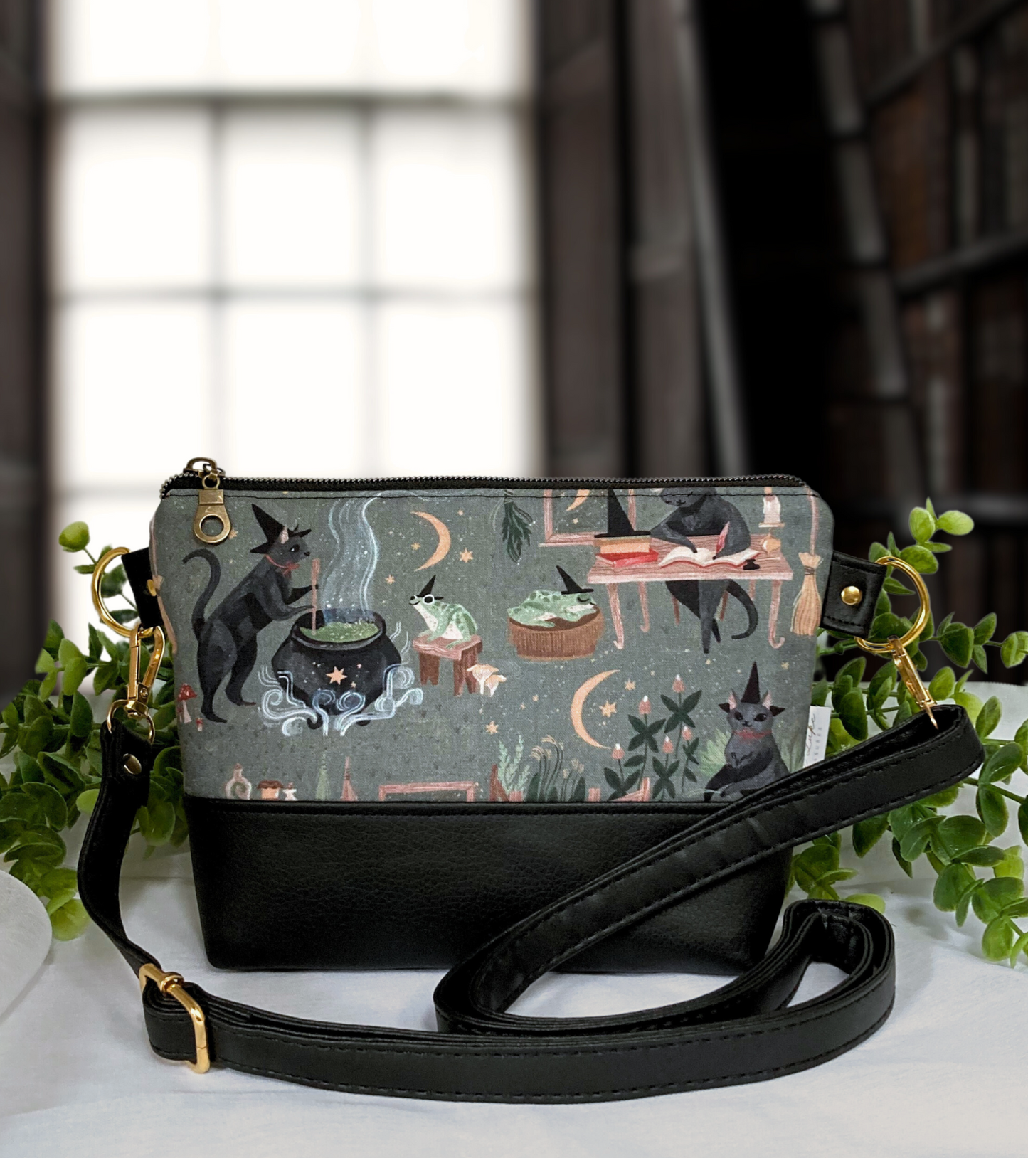 Witchy Cat and Toad Familiar Crossbody Purse | Brown Black Vegan Faux Leather