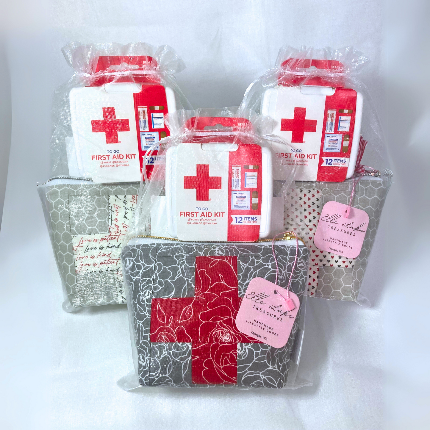 First-Aid Bag Red Patchwork Cross Quilted Pouch | Includes Hardcase Mini First-Aid Kit | Care Pack Back to School Med Kit