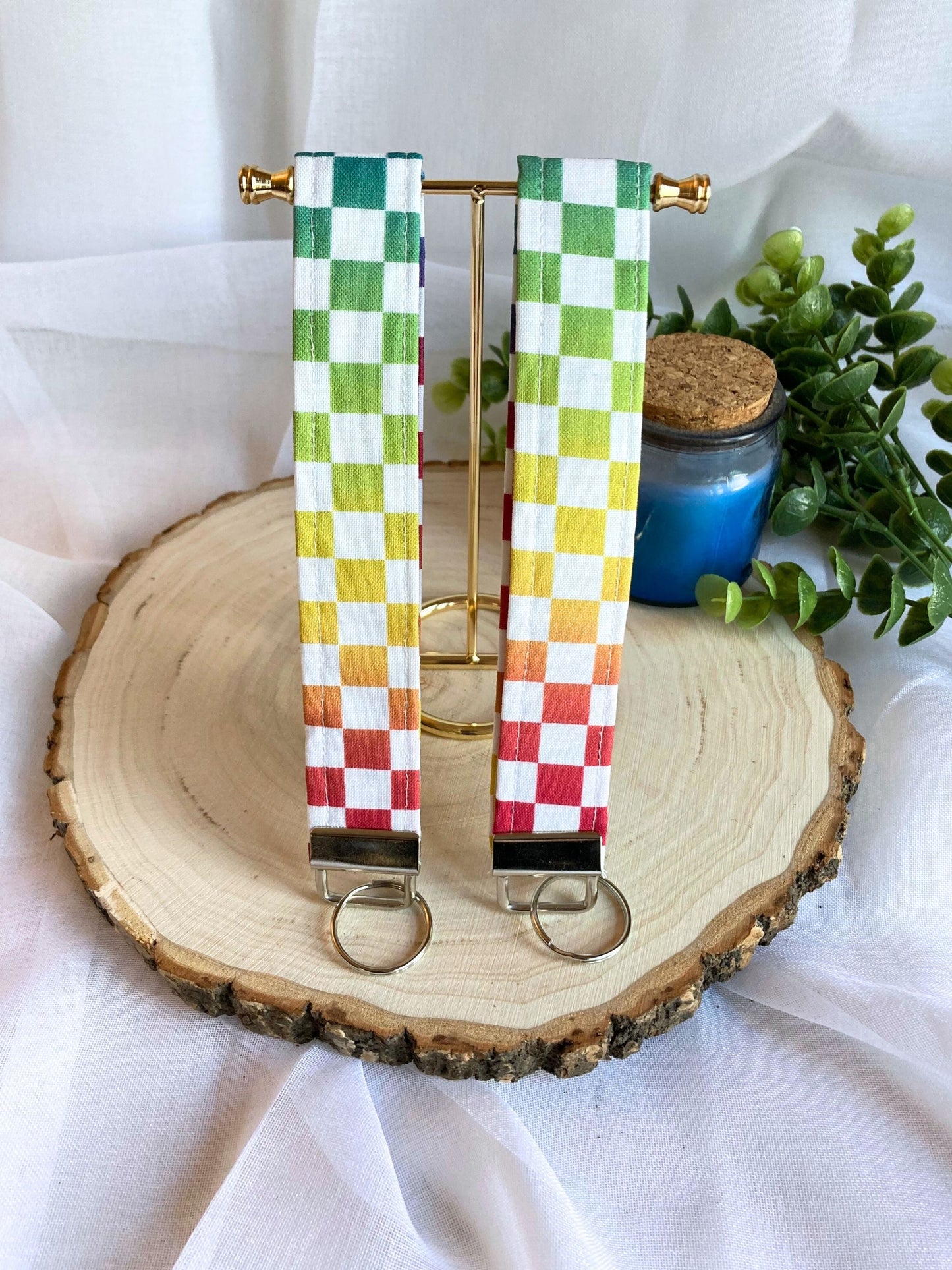Rainbow Checkered KeyFob | Lanyard Keychain Wristlet | Wrist Strap Gift