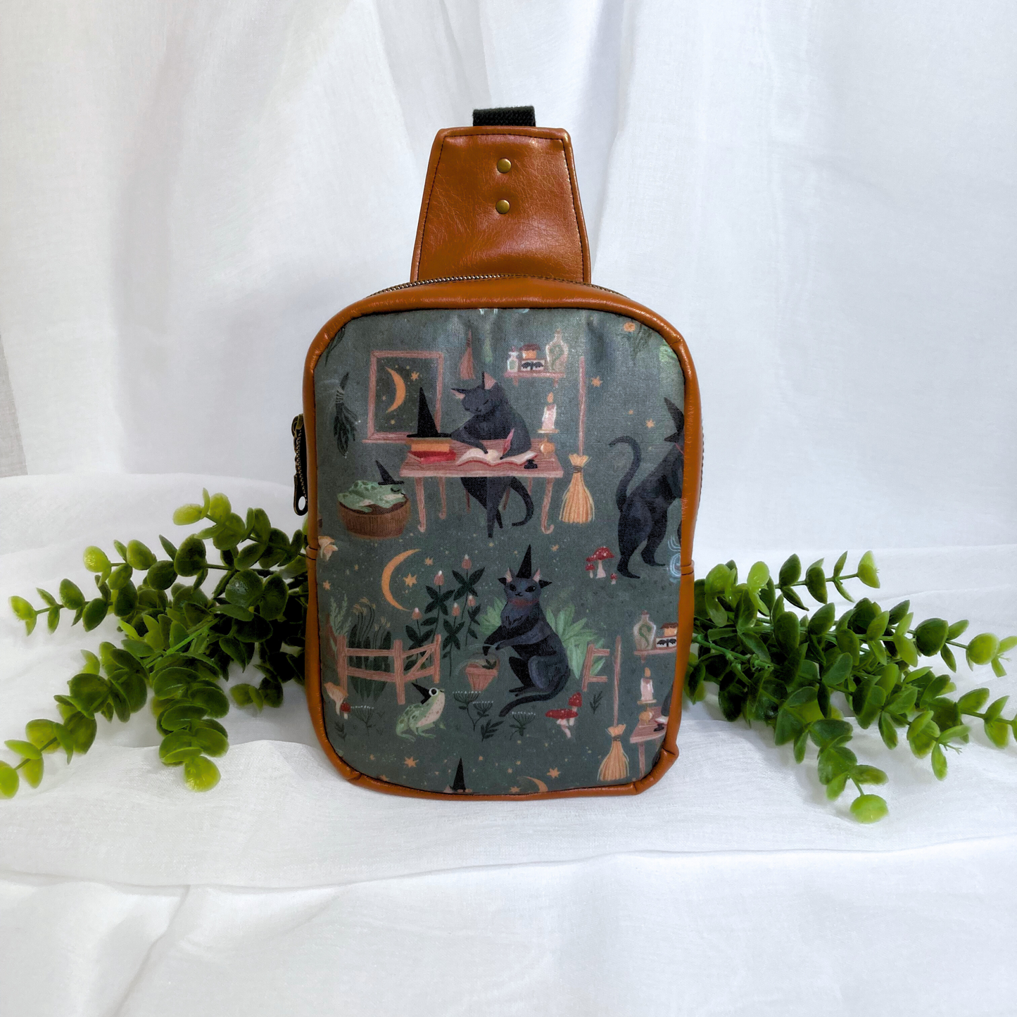 Witchy Cat Familiar Sling Crossbody Backpack | Camel Brown Faux Leather | Adjustable Strap Bag Purse
