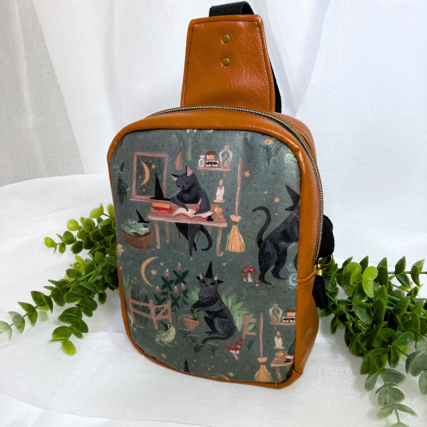 Witchy Cat Familiar Sling Crossbody Backpack | Camel Brown Faux Leather | Adjustable Strap Bag Purse