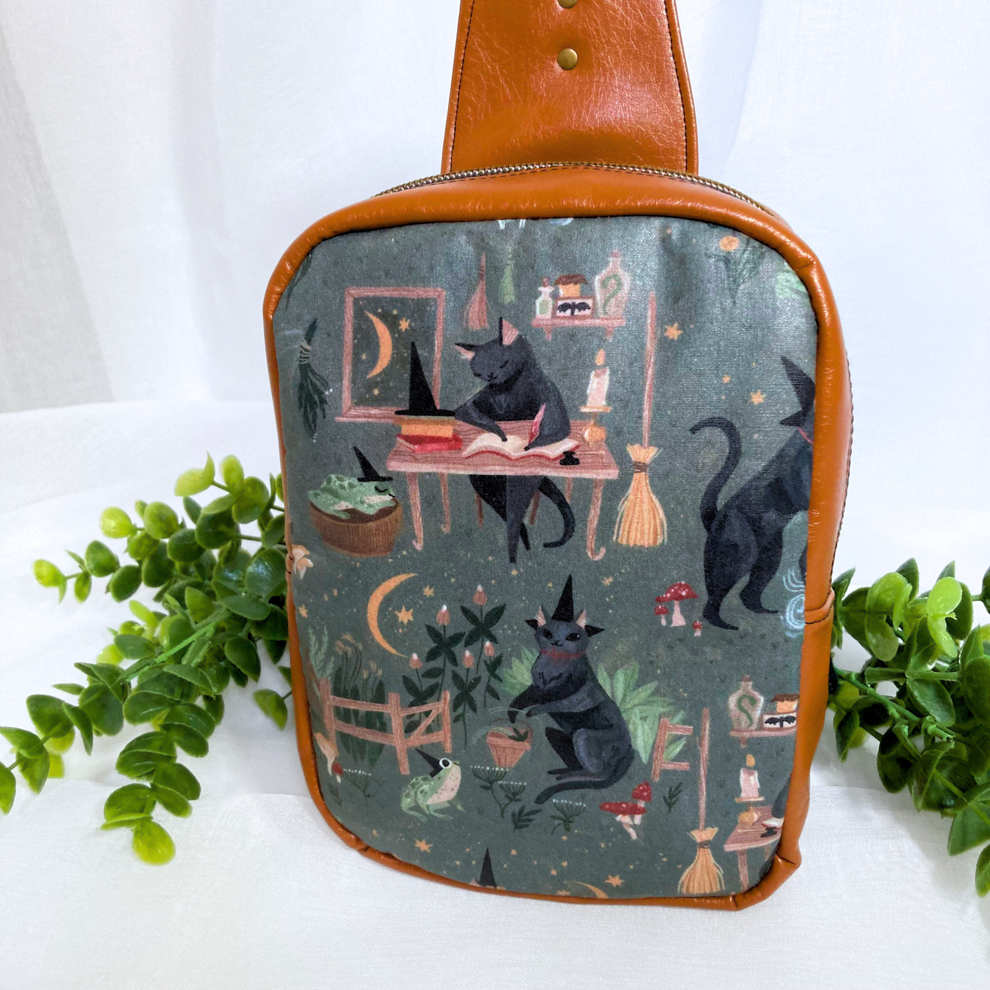 Witchy Cat Familiar Sling Crossbody Backpack | Camel Brown Faux Leather | Adjustable Strap Bag Purse