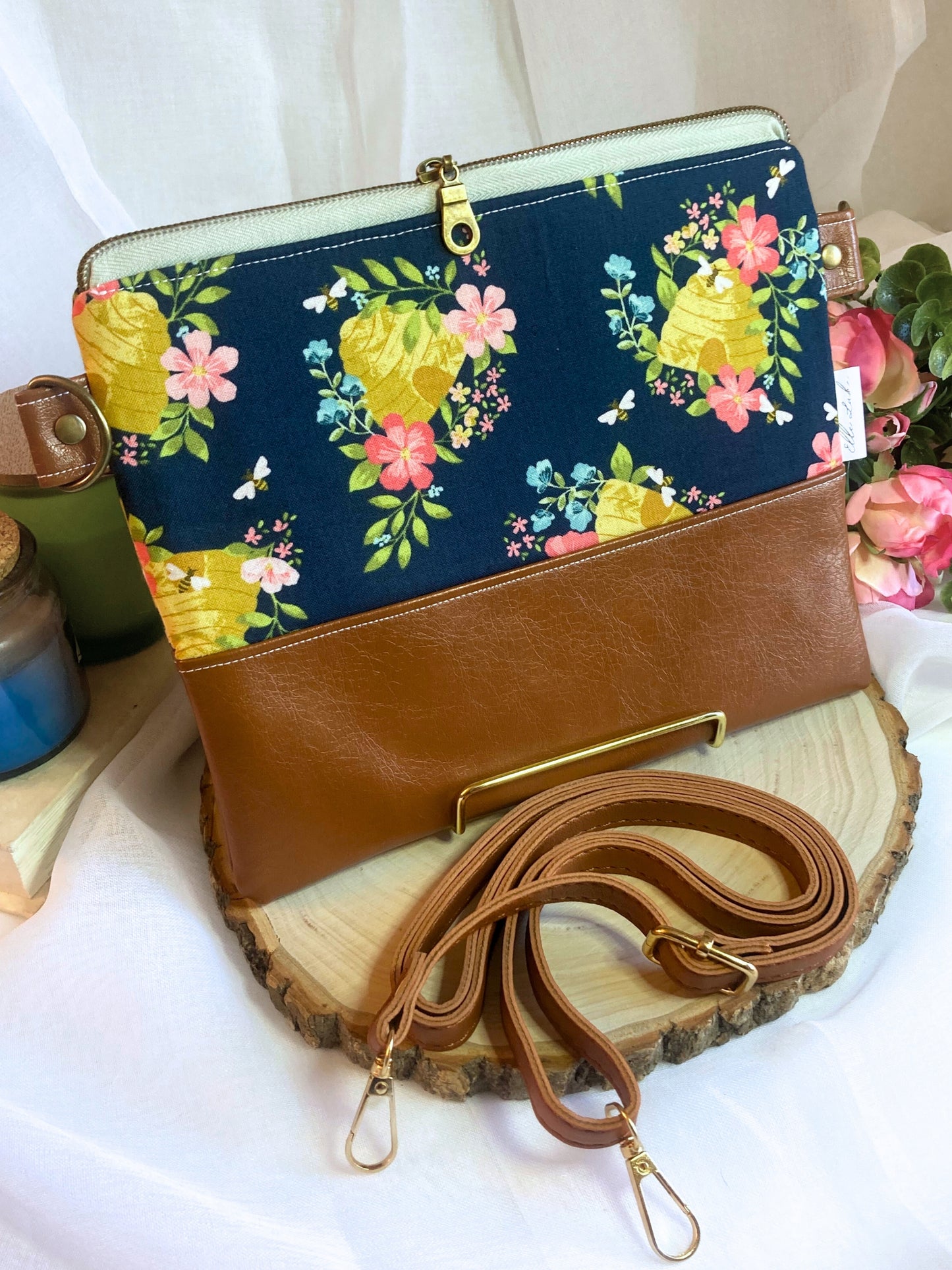 Honeybee Bee Floral Crossbody Purse | Brown Vegan Faux Leather