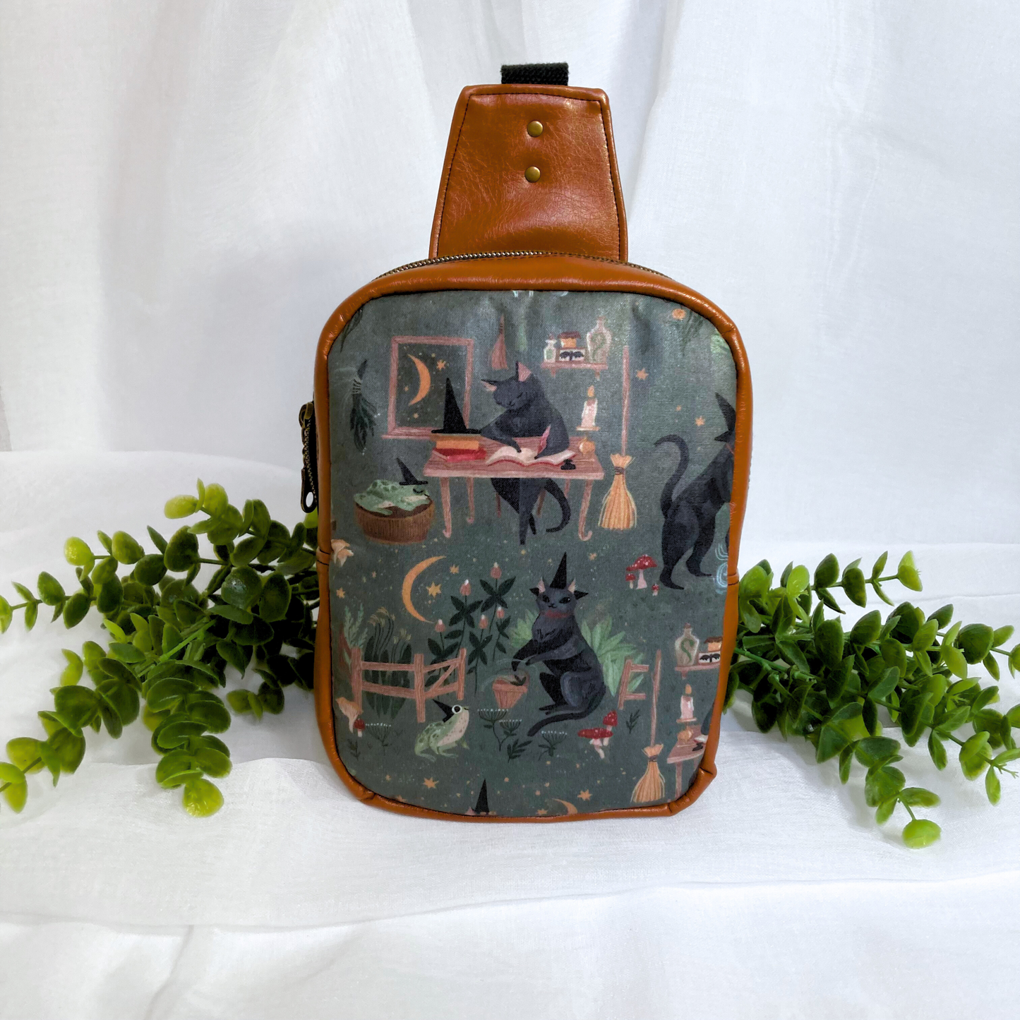 Witchy Cat Familiar Sling Crossbody Backpack | Camel Brown Faux Leather | Adjustable Strap Bag Purse