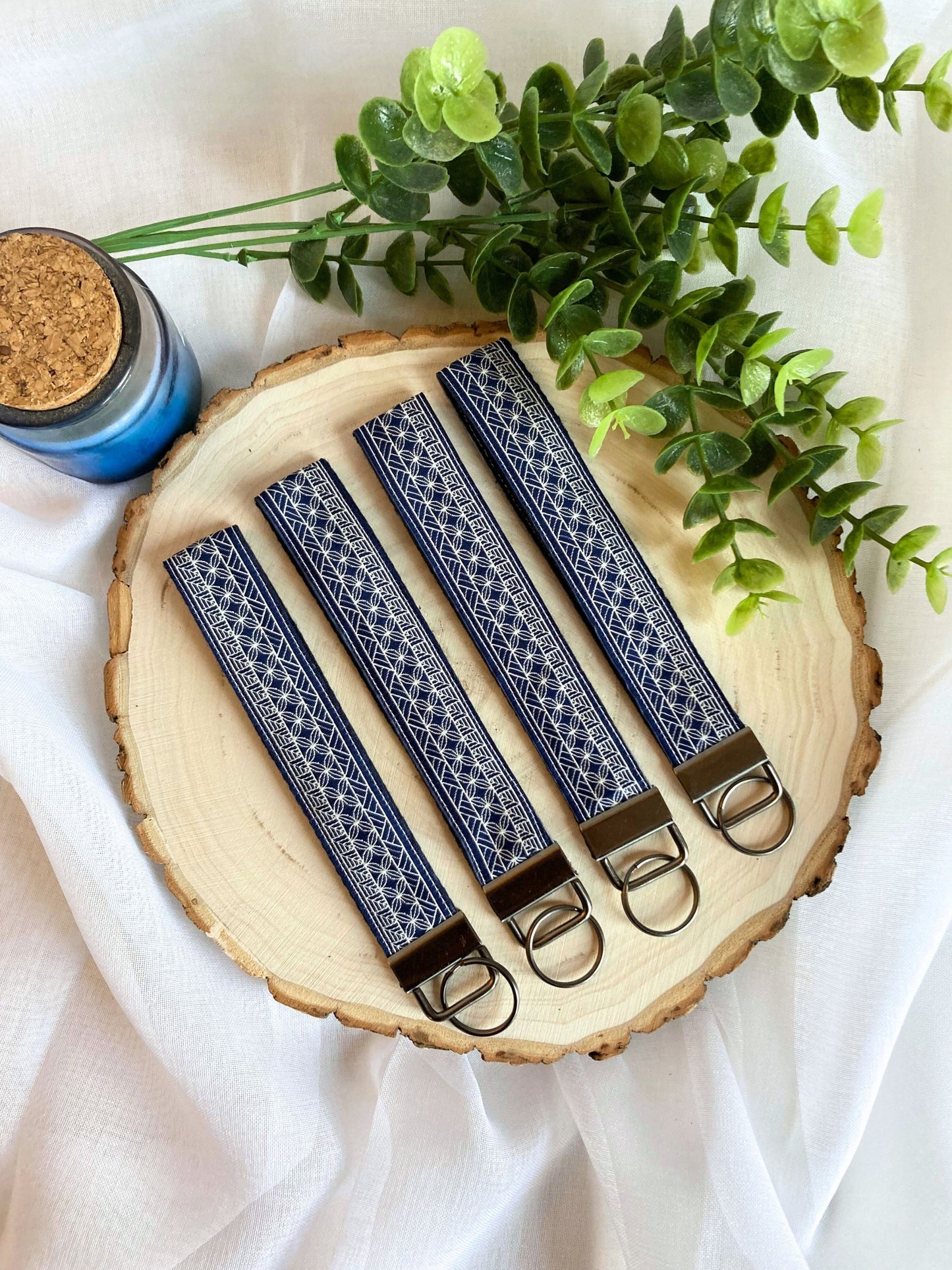 Sashiko Japanese Fabric KeyFob | Lanyard Keychain Wristlet | Wrist Strap Gift