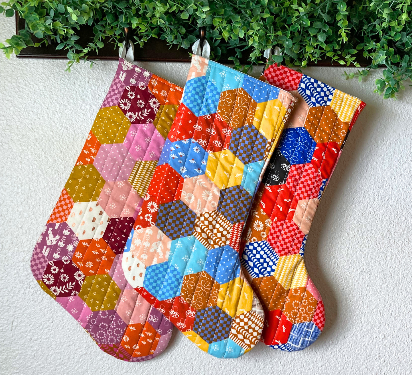 Ruby Star Society Retro Hexagon Print Quilted Traditional Christmas Stocking Bag | Vintage Inspired | Cotton Handmade, Unique & One of Kind