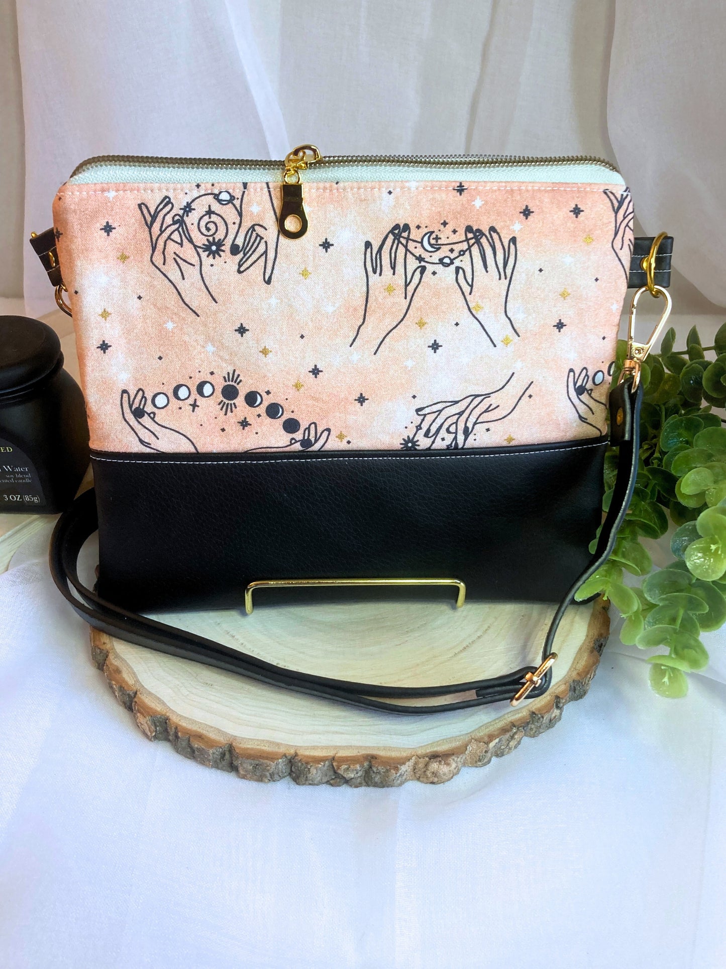 Witchy Peachy Moon and Stars Crossbody Purse | Black Vegan Faux Leather
