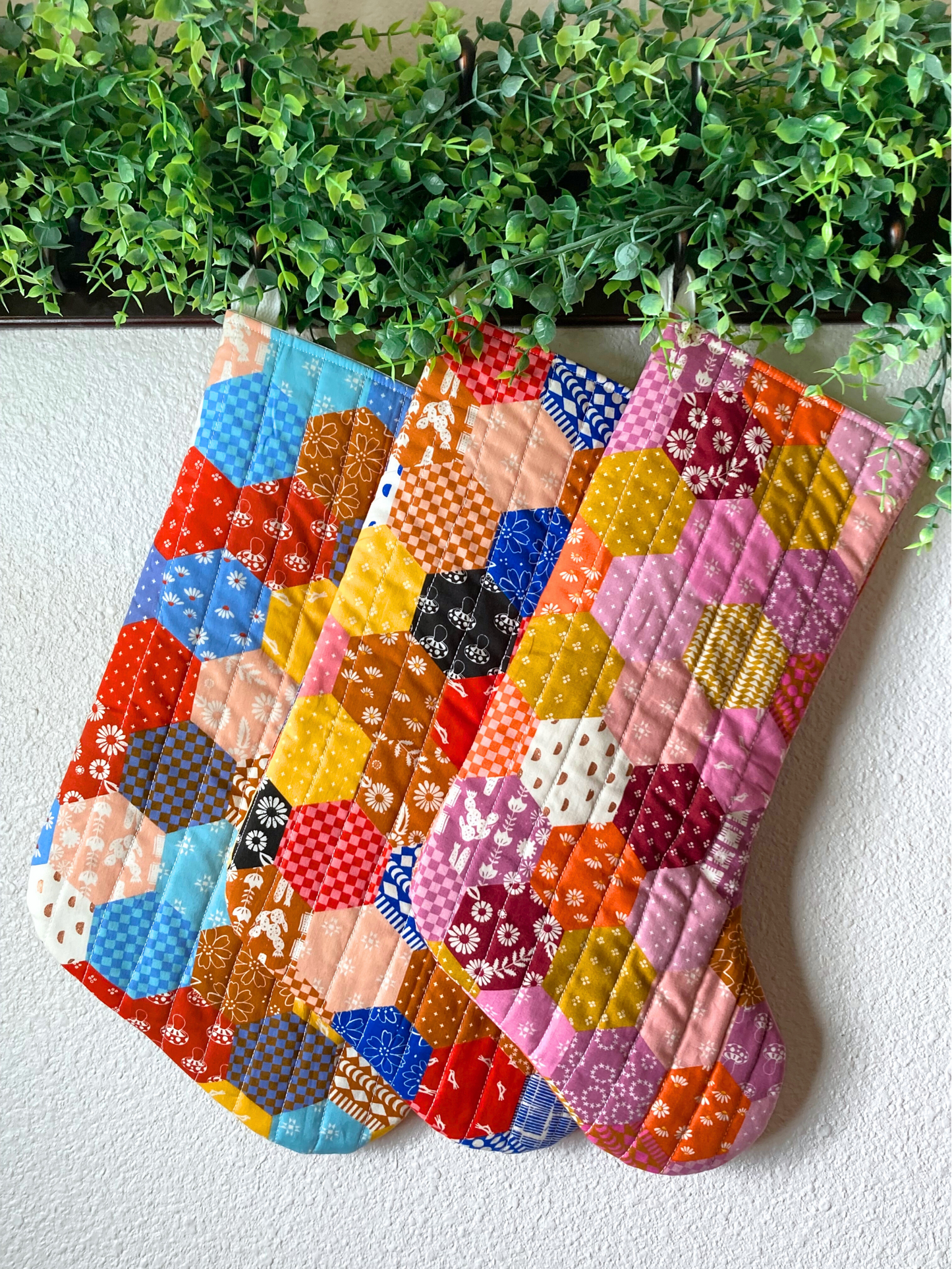 Ruby Star Society Retro Hexagon Print Quilted Traditional Christmas Stocking Bag | Vintage Inspired | Cotton Handmade, Unique & One of Kind