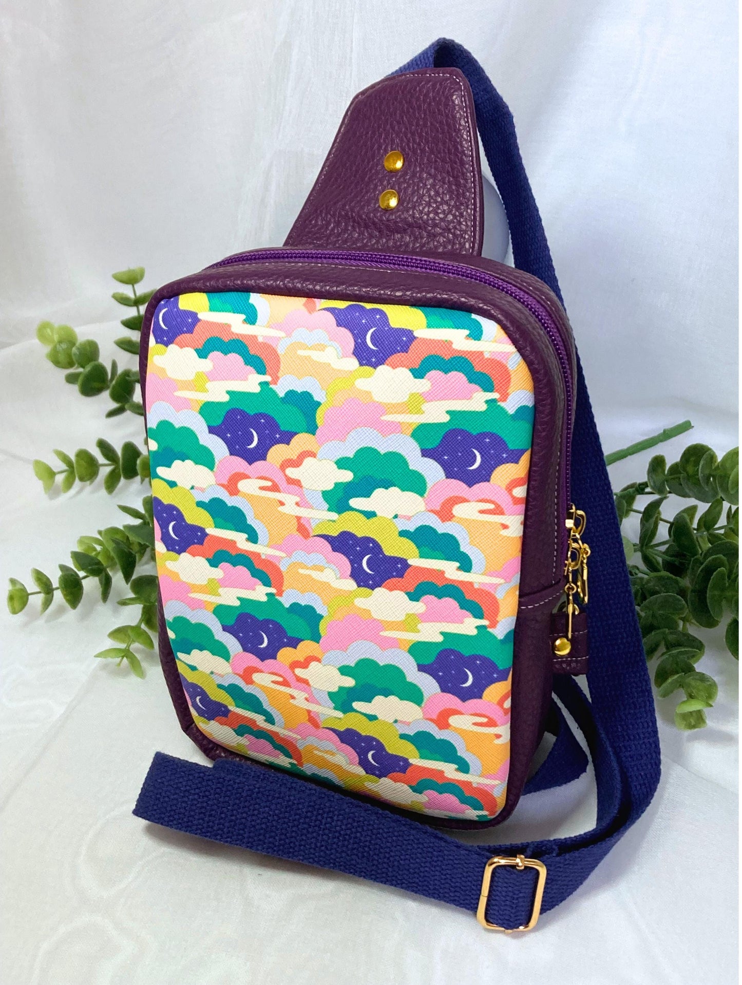 Mystical Space Sling Backpack | Purple Faux Leather | Adjustable Strap Bag Purse | Whimsical Crossbody Shoulder Travel Bag