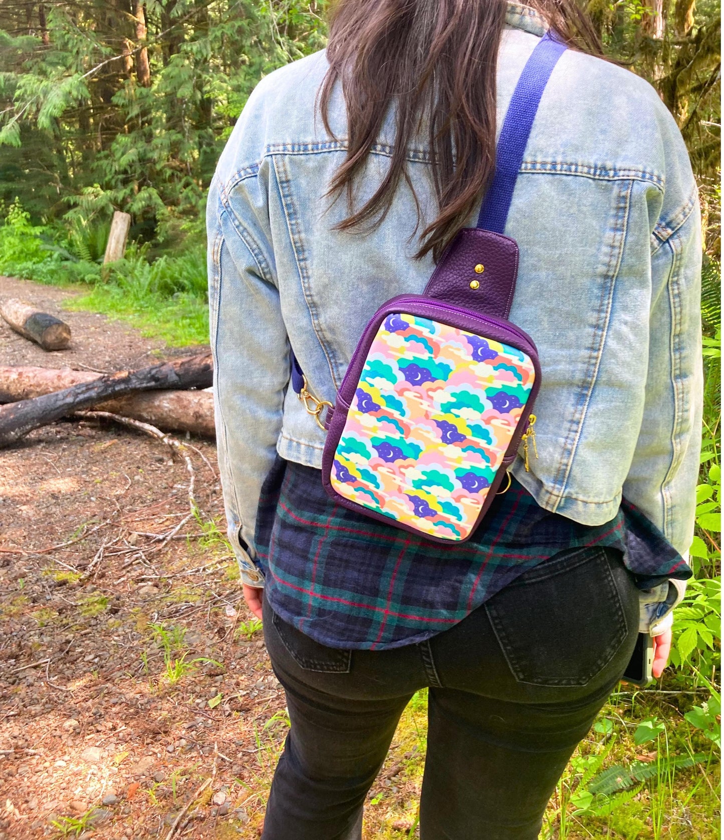 Mystical Space Sling Backpack | Purple Faux Leather | Adjustable Strap Bag Purse | Whimsical Crossbody Shoulder Travel Bag