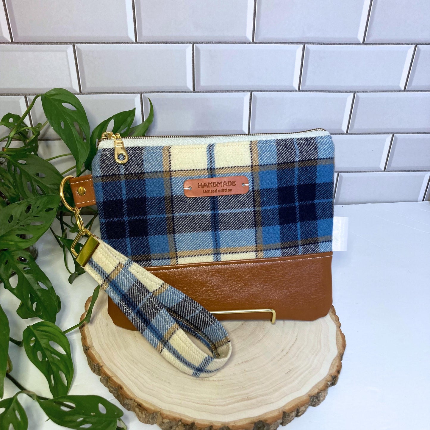 Plaid Wool Wristlet Purse | Tweed Woven | Blue Camel Brown Vegan Leather Vinyl Wristlet | Grab n Go Clutch Bag