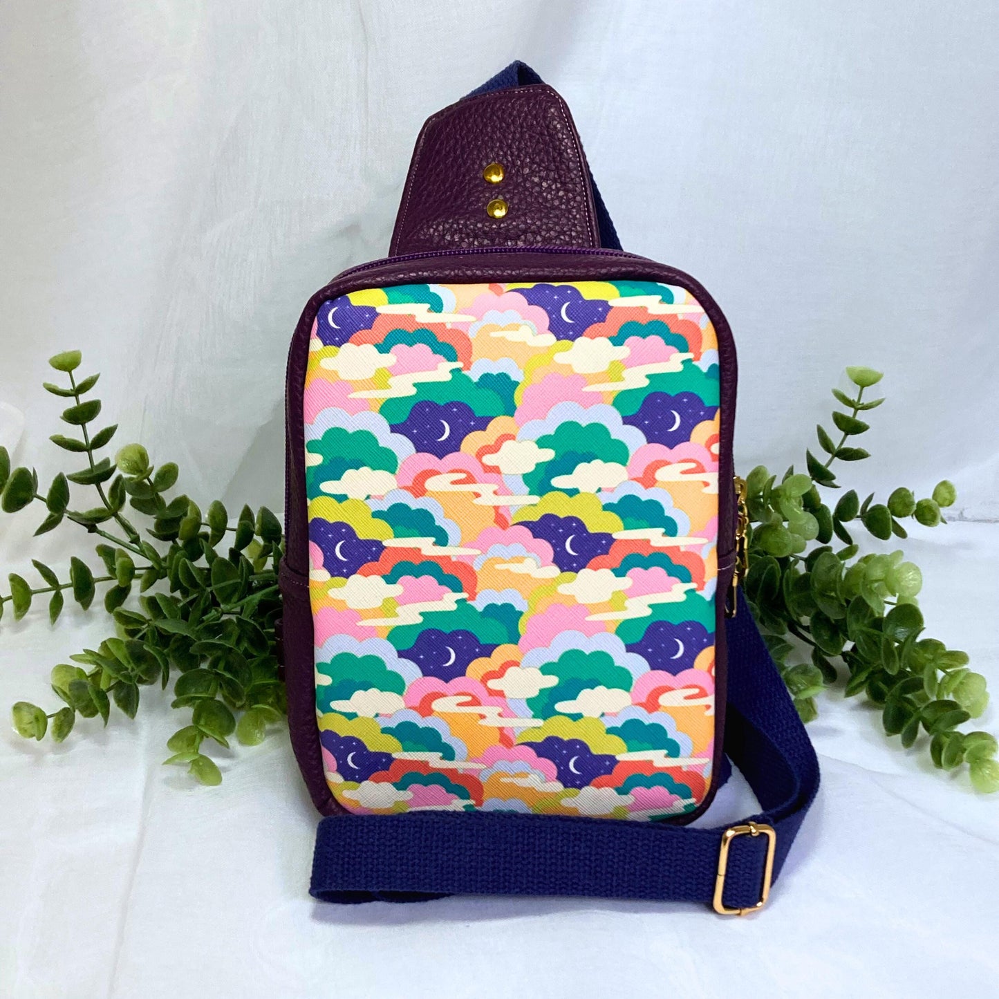 Mystical Space Sling Backpack | Purple Faux Leather | Adjustable Strap Bag Purse | Whimsical Crossbody Shoulder Travel Bag