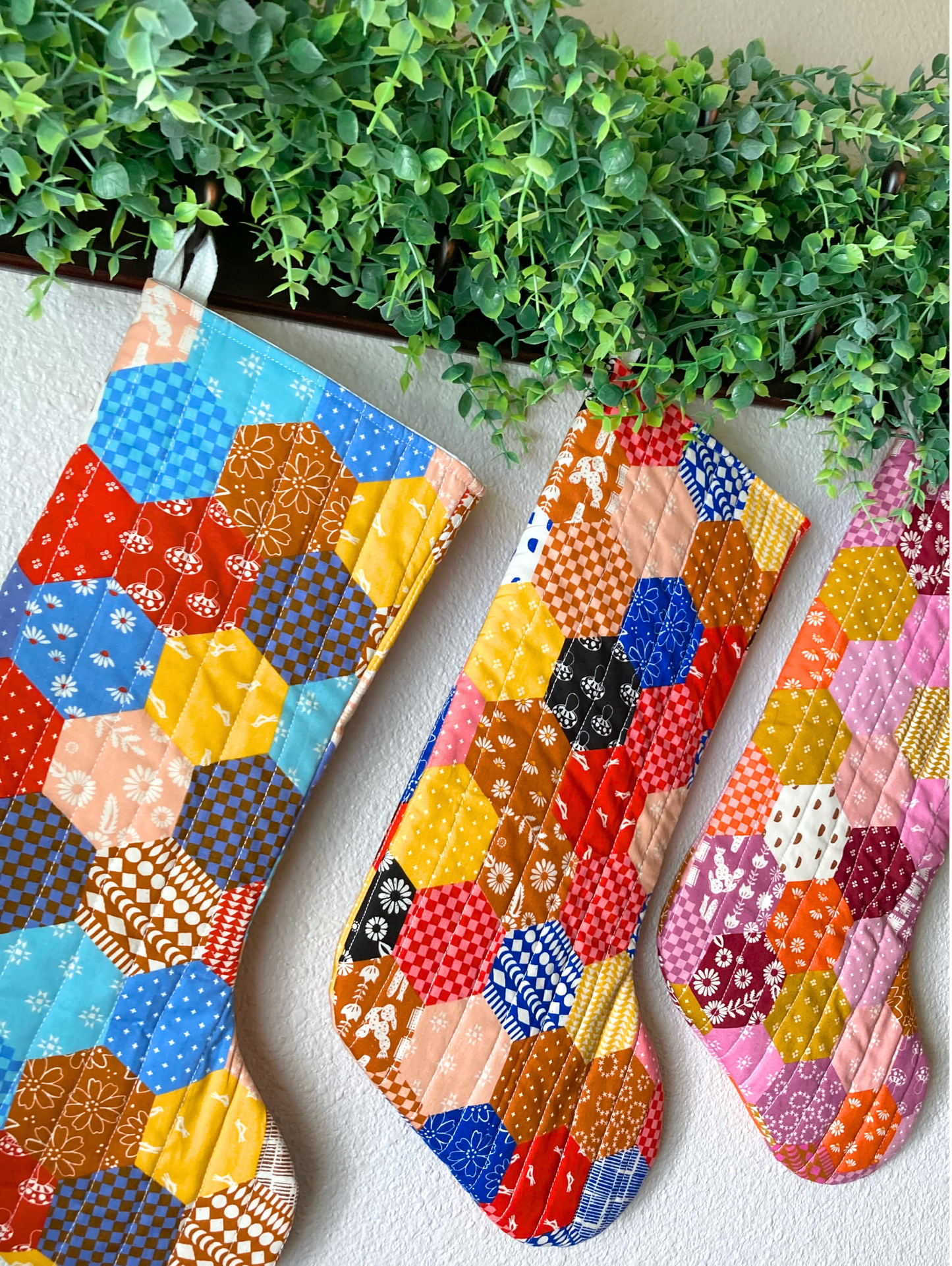 Ruby Star Society Retro Hexagon Print Quilted Traditional Christmas Stocking Bag | Vintage Inspired | Cotton Handmade, Unique & One of Kind