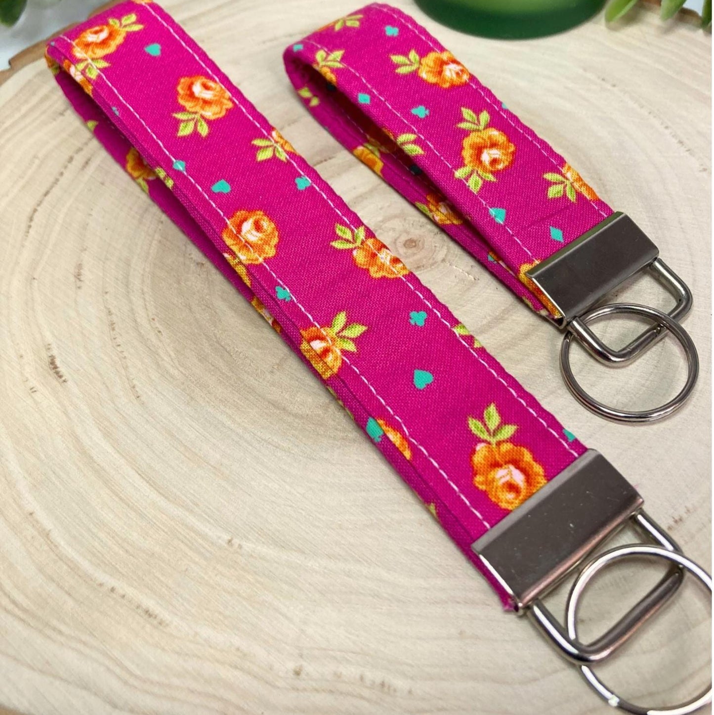 Pink Orange Roses Checkered KeyFob Set of Two | Lanyard Keychain Wristlet | Wrist Strap Gift Colorful Tula Pink