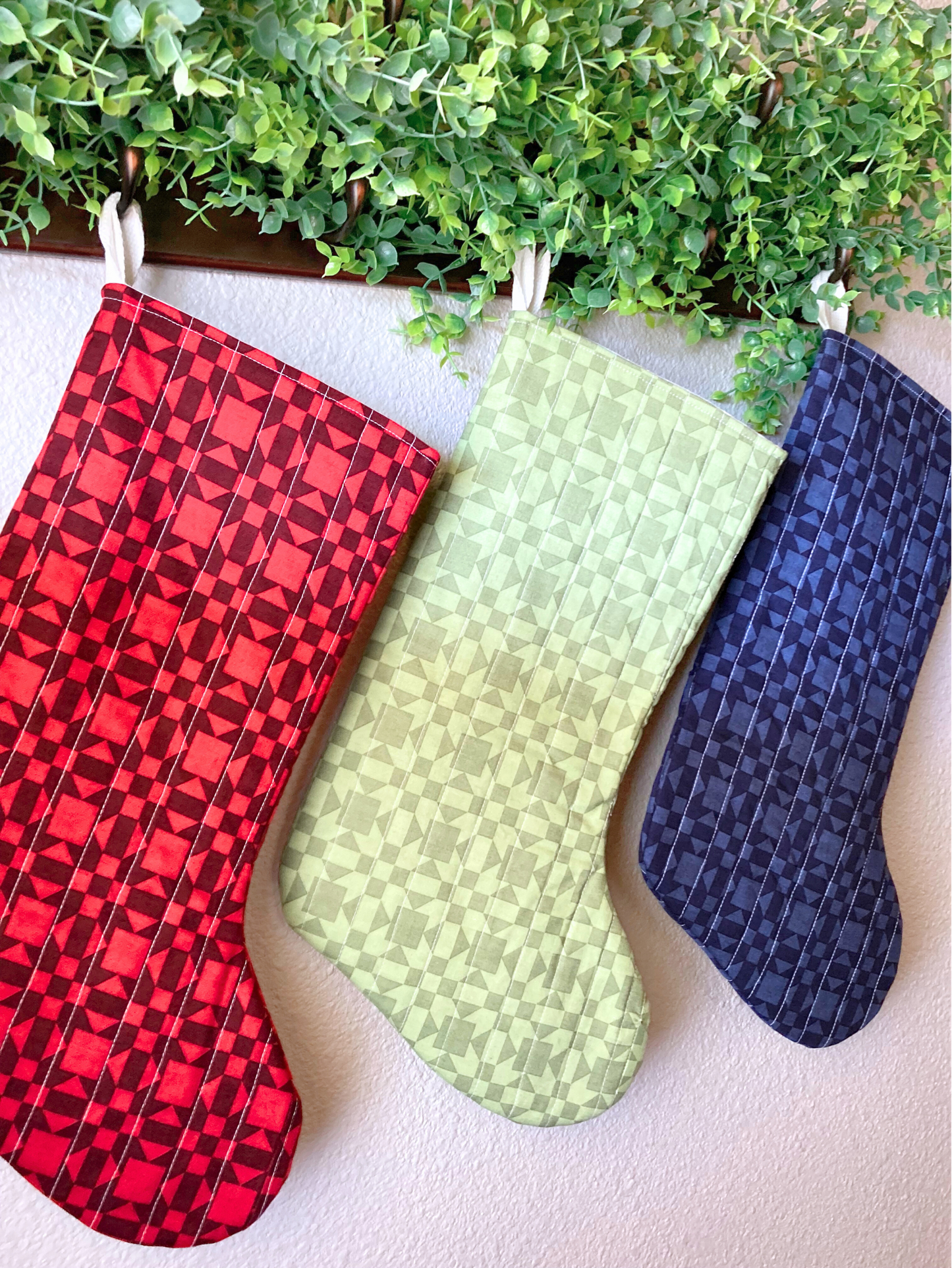Wholecloth Rustic Quilted Christmas Stocking | Cotton Traditional Quilted Stocking Bag | Modern Farmhouse | Handmade, Unique & One of a Kind
