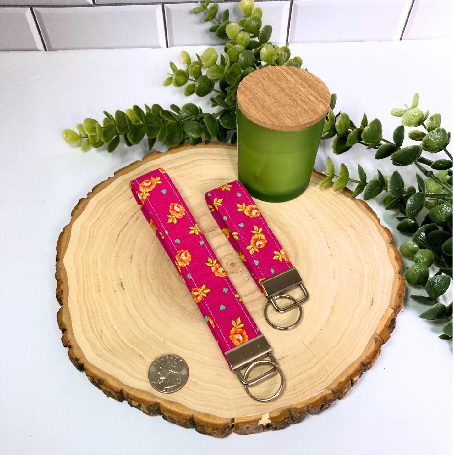 Pink Orange Roses Checkered KeyFob Set of Two | Lanyard Keychain Wristlet | Wrist Strap Gift Colorful Tula Pink