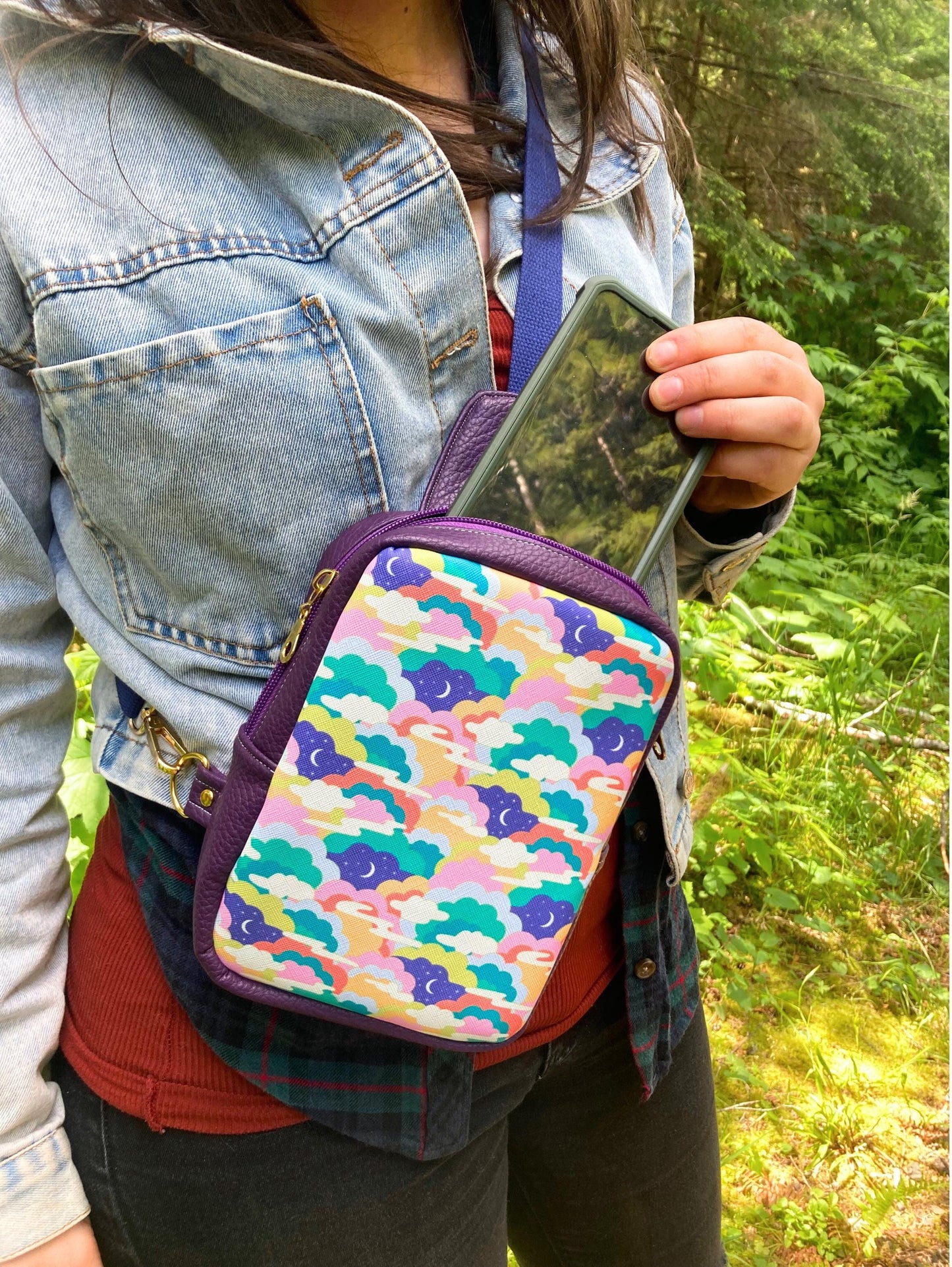 Mystical Space Sling Backpack | Purple Faux Leather | Adjustable Strap Bag Purse | Whimsical Crossbody Shoulder Travel Bag