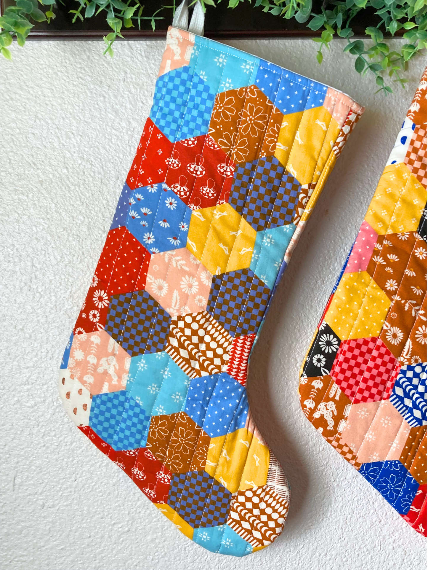 Ruby Star Society Retro Hexagon Print Quilted Traditional Christmas Stocking Bag | Vintage Inspired | Cotton Handmade, Unique & One of Kind