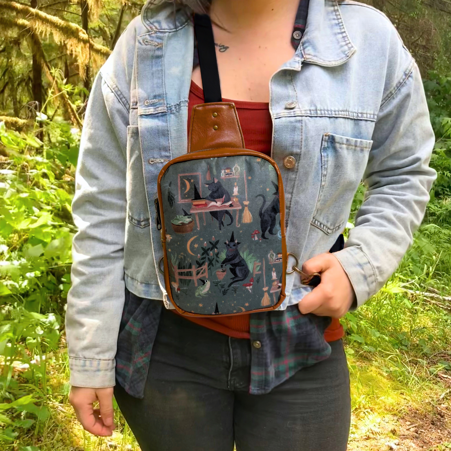 Witchy Cat Familiar Sling Crossbody Backpack | Camel Brown Faux Leather | Adjustable Strap Bag Purse