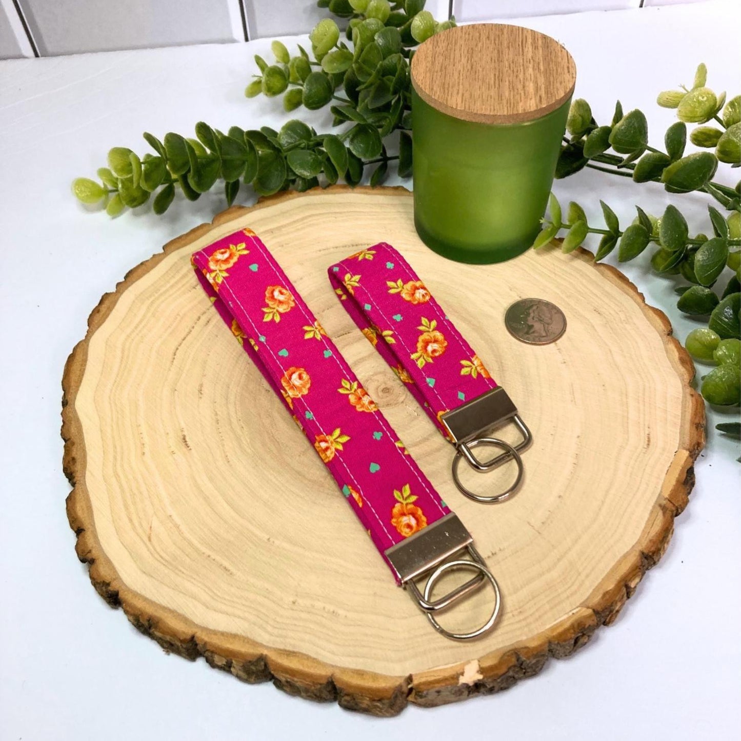 Pink Orange Roses Checkered KeyFob Set of Two | Lanyard Keychain Wristlet | Wrist Strap Gift Colorful Tula Pink