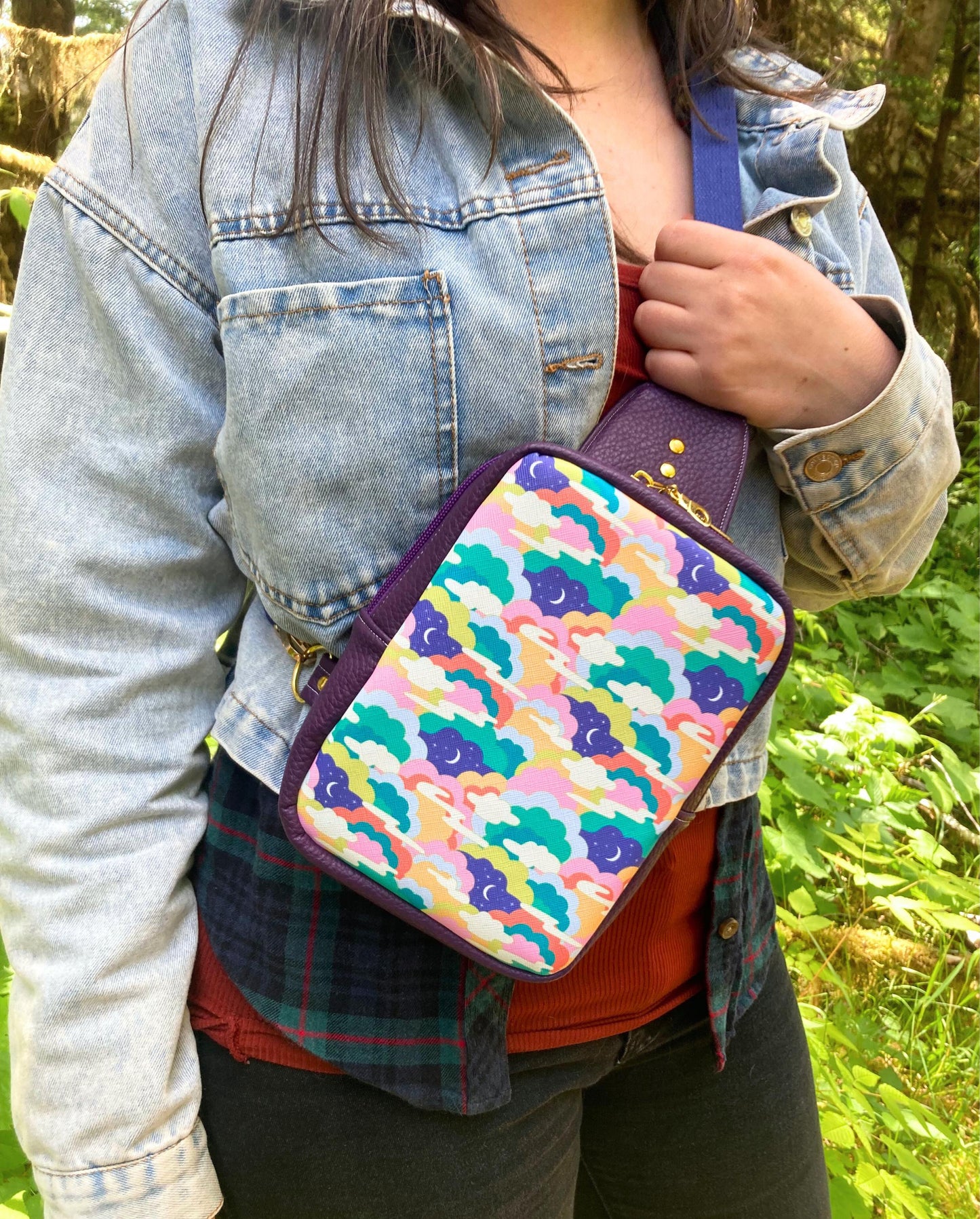 Mystical Space Sling Backpack | Purple Faux Leather | Adjustable Strap Bag Purse | Whimsical Crossbody Shoulder Travel Bag