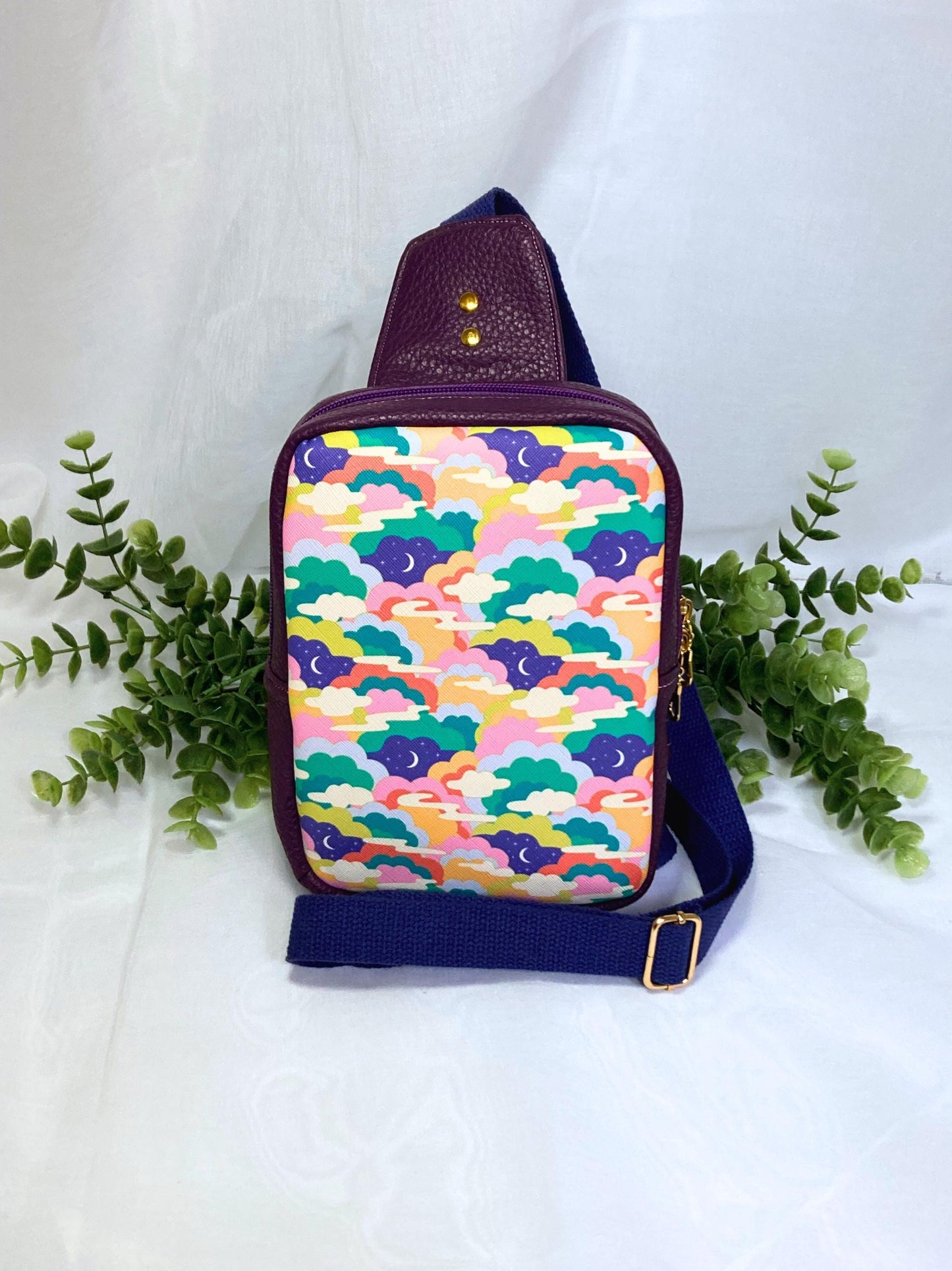 Mystical Space Sling Backpack | Purple Faux Leather | Adjustable Strap Bag Purse | Whimsical Crossbody Shoulder Travel Bag