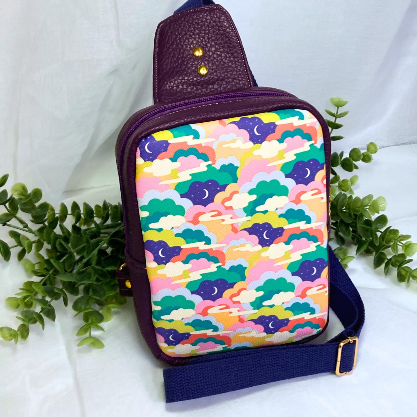 Mystical Space Sling Backpack | Purple Faux Leather | Adjustable Strap Bag Purse | Whimsical Crossbody Shoulder Travel Bag