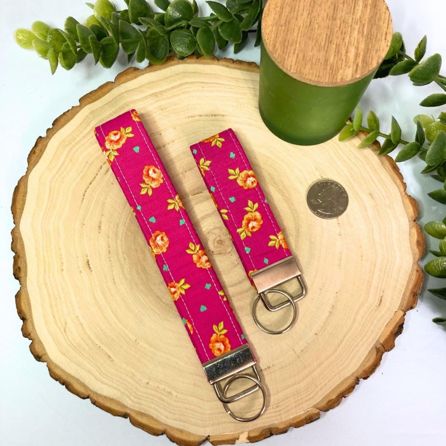 Pink Orange Roses Checkered KeyFob Set of Two | Lanyard Keychain Wristlet | Wrist Strap Gift Colorful Tula Pink