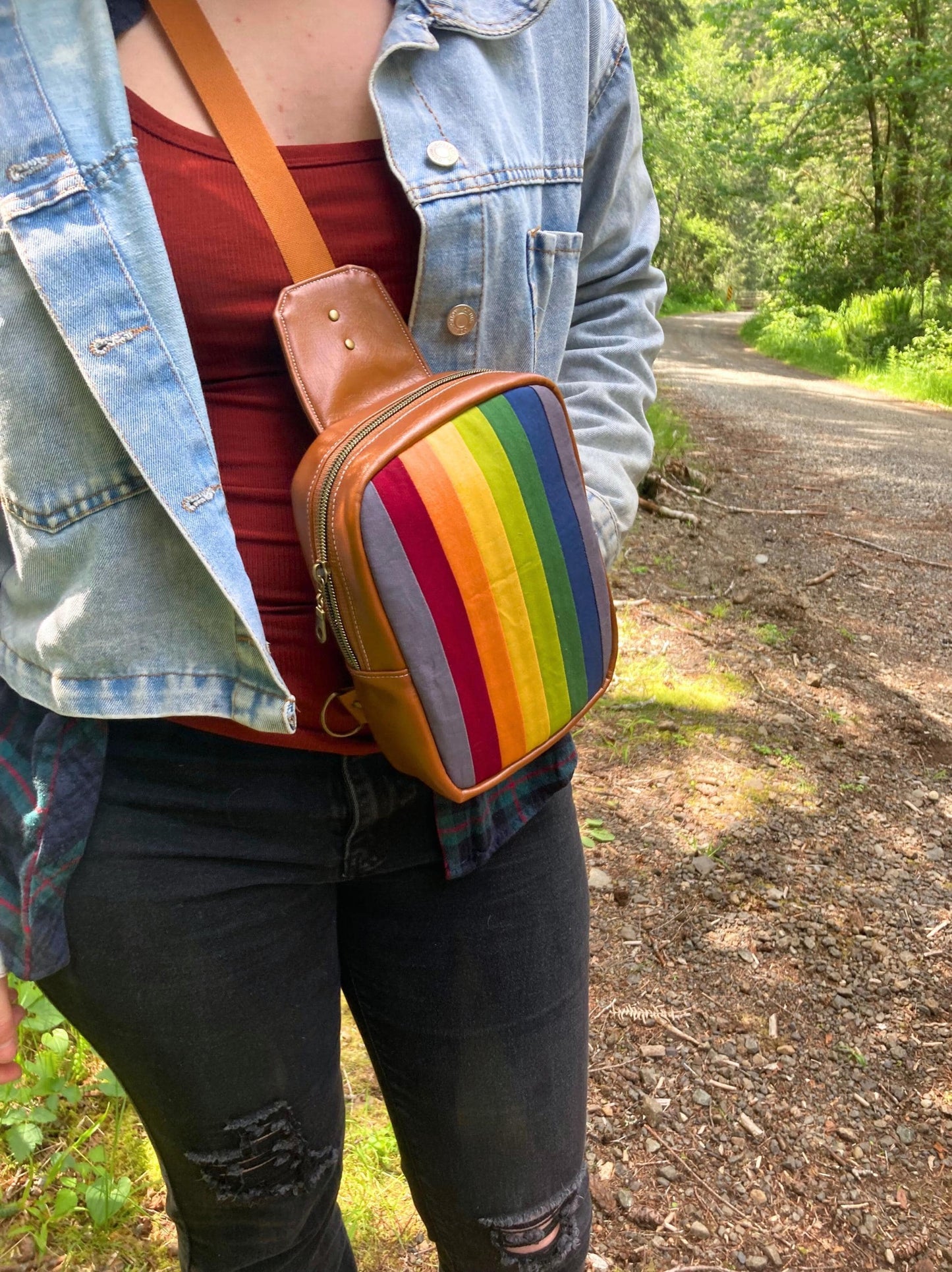 Retro Rainbow Sling Backpack | Camel Brown Faux Leather | Adjustable Strap Bag Purse