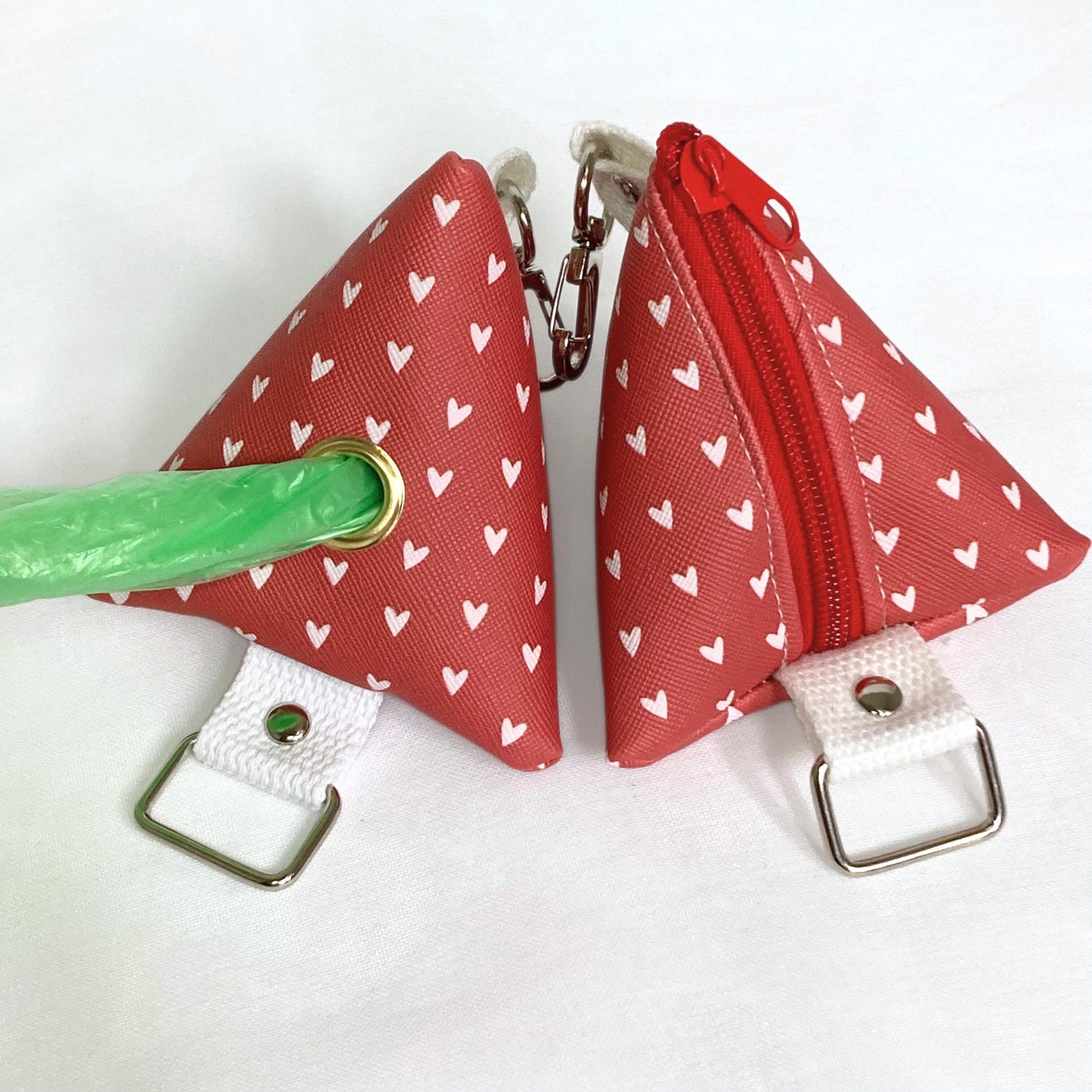 Dog Waste Bag Dispenser | Red Hearts | Pet Training Dog Poop | Triangle Tetrahedron Keychain Zipper | Canine Care