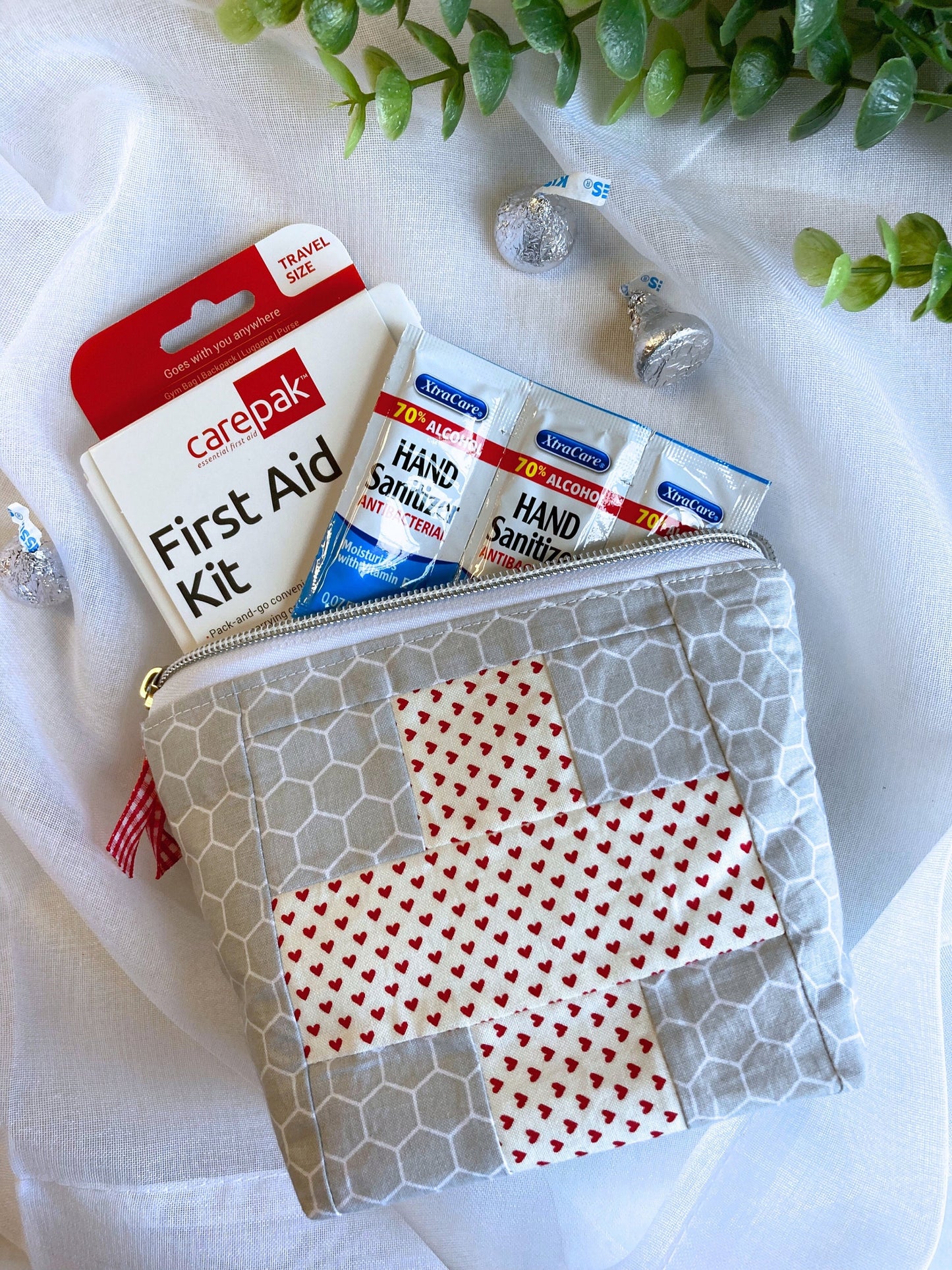 First-Aid Bag Red Patchwork Cross Quilted Pouch | Includes Hardcase Mini First-Aid Kit | Care Pack Back to School Med Kit