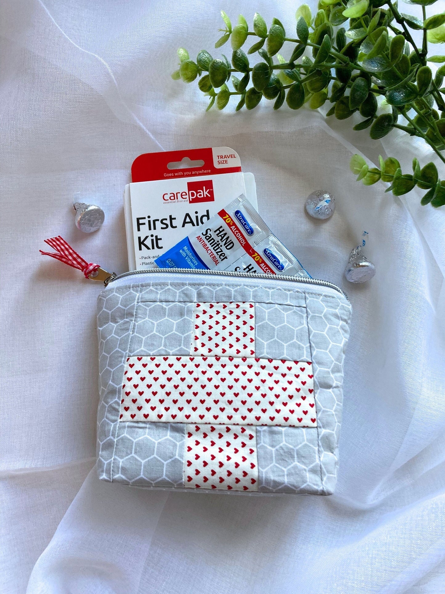 First-Aid Bag Red Patchwork Cross Quilted Pouch | Includes Hardcase Mini First-Aid Kit | Care Pack Back to School Med Kit