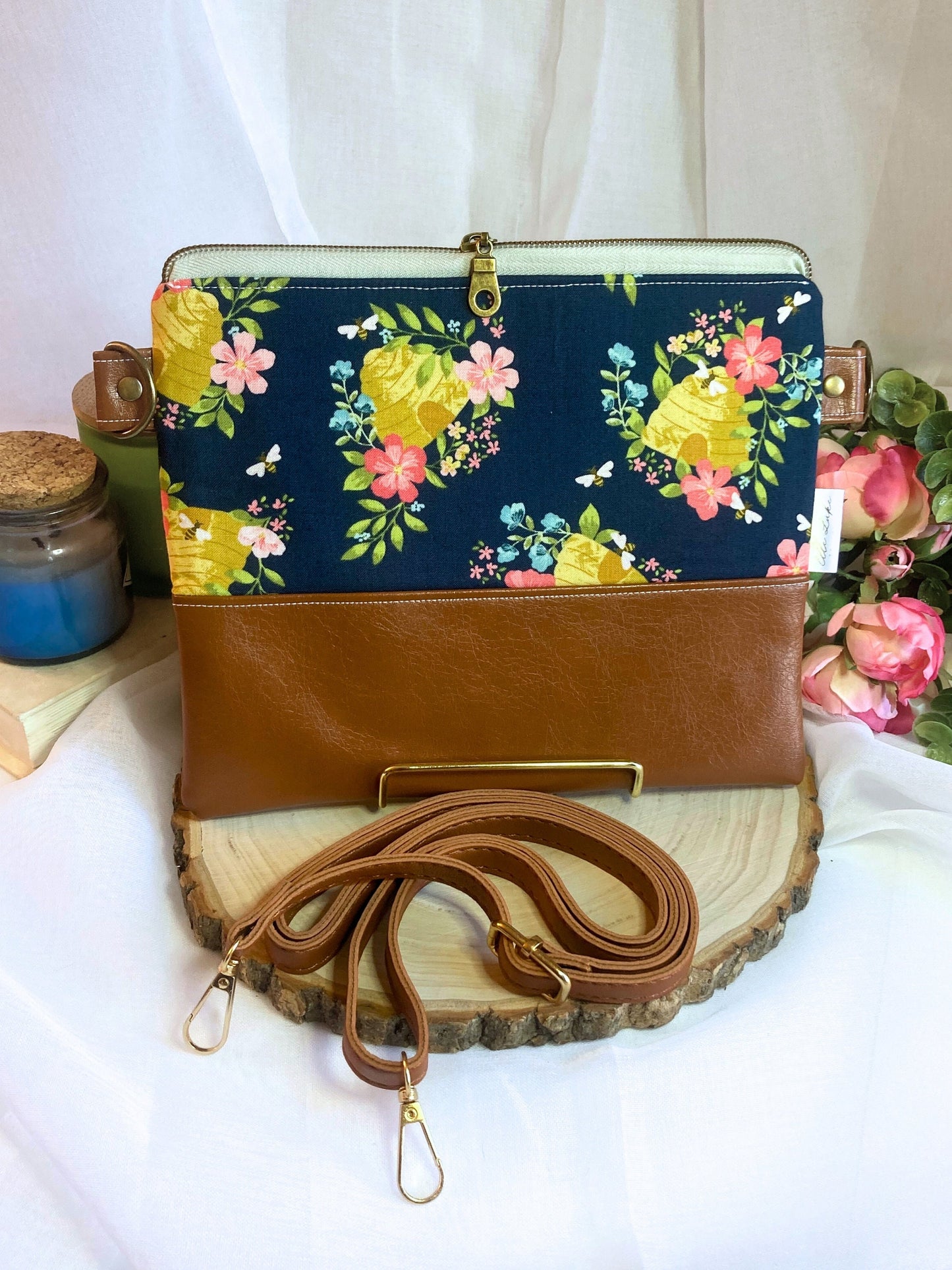 Honeybee Bee Floral Crossbody Purse | Brown Vegan Faux Leather