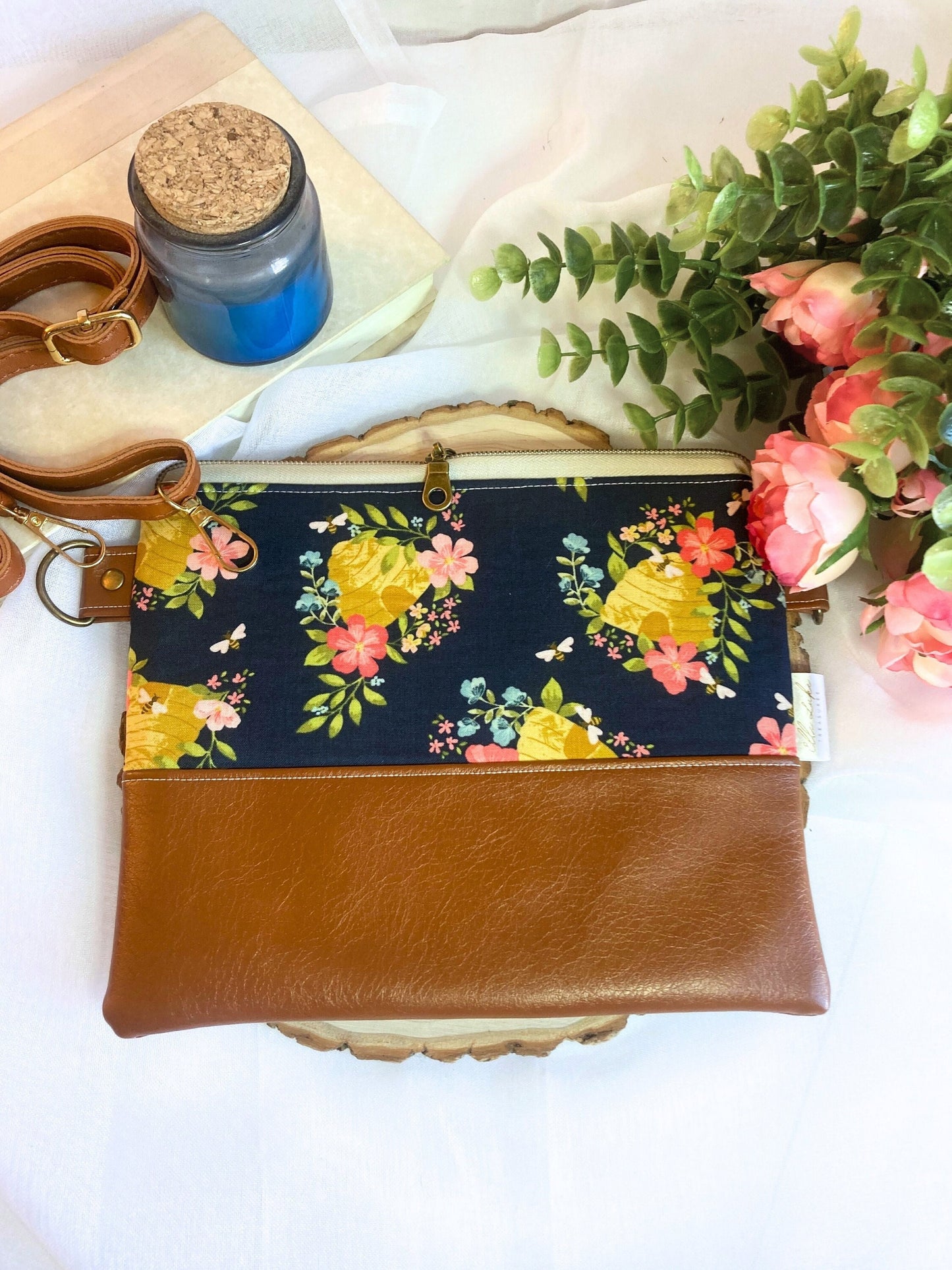 Honeybee Bee Floral Crossbody Purse | Brown Vegan Faux Leather