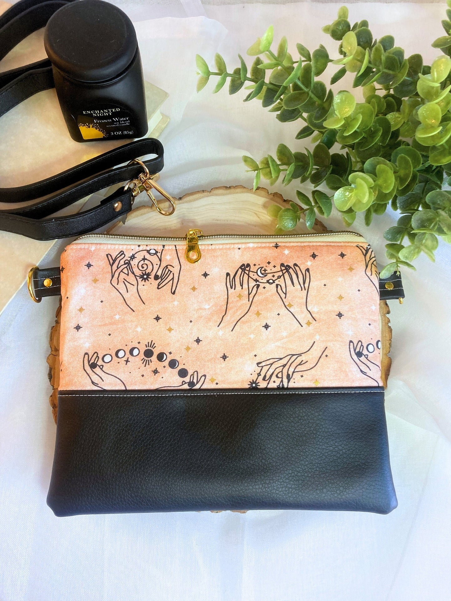 Witchy Peachy Moon and Stars Crossbody Purse | Black Vegan Faux Leather
