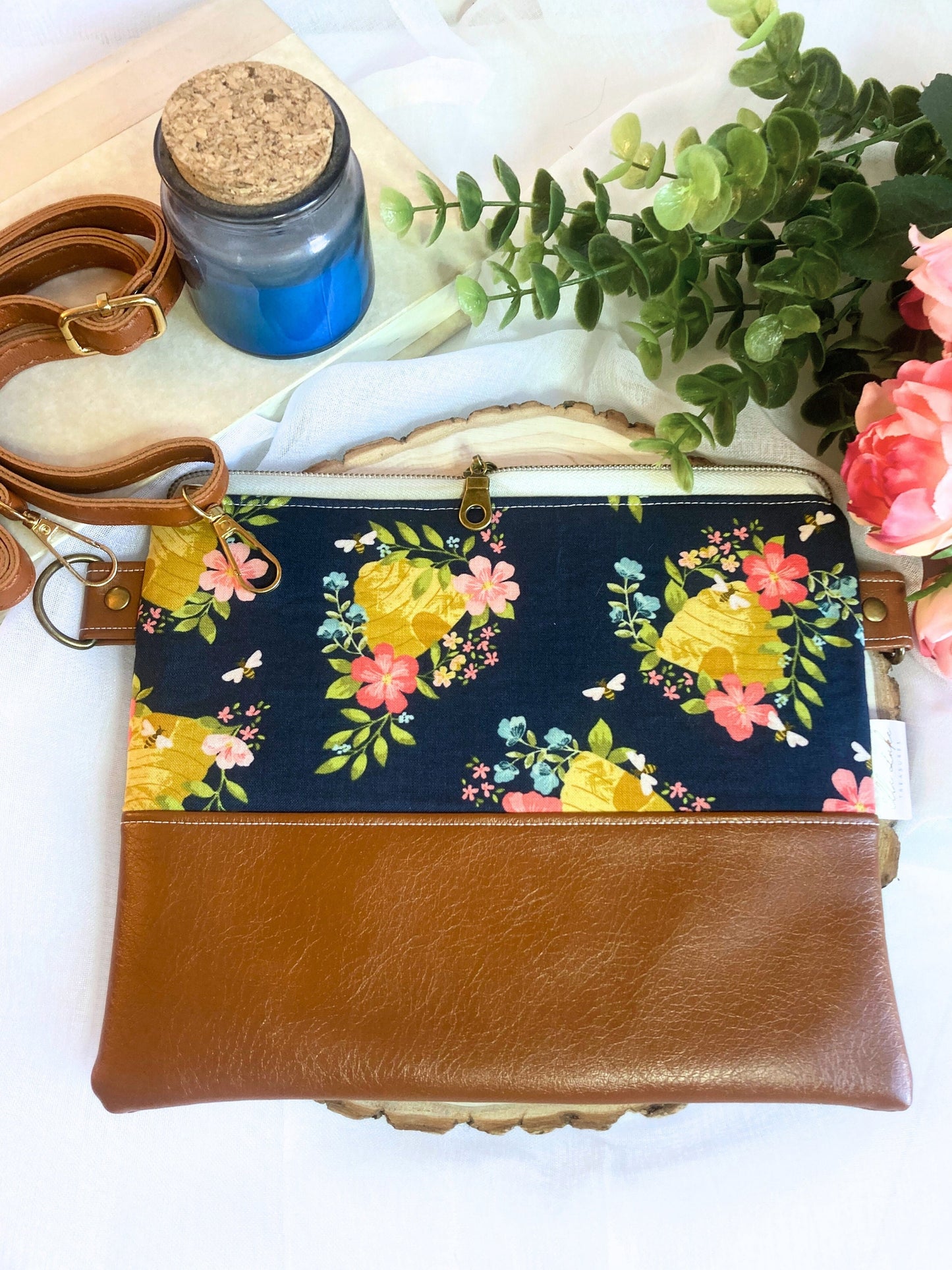 Honeybee Bee Floral Crossbody Purse | Brown Vegan Faux Leather