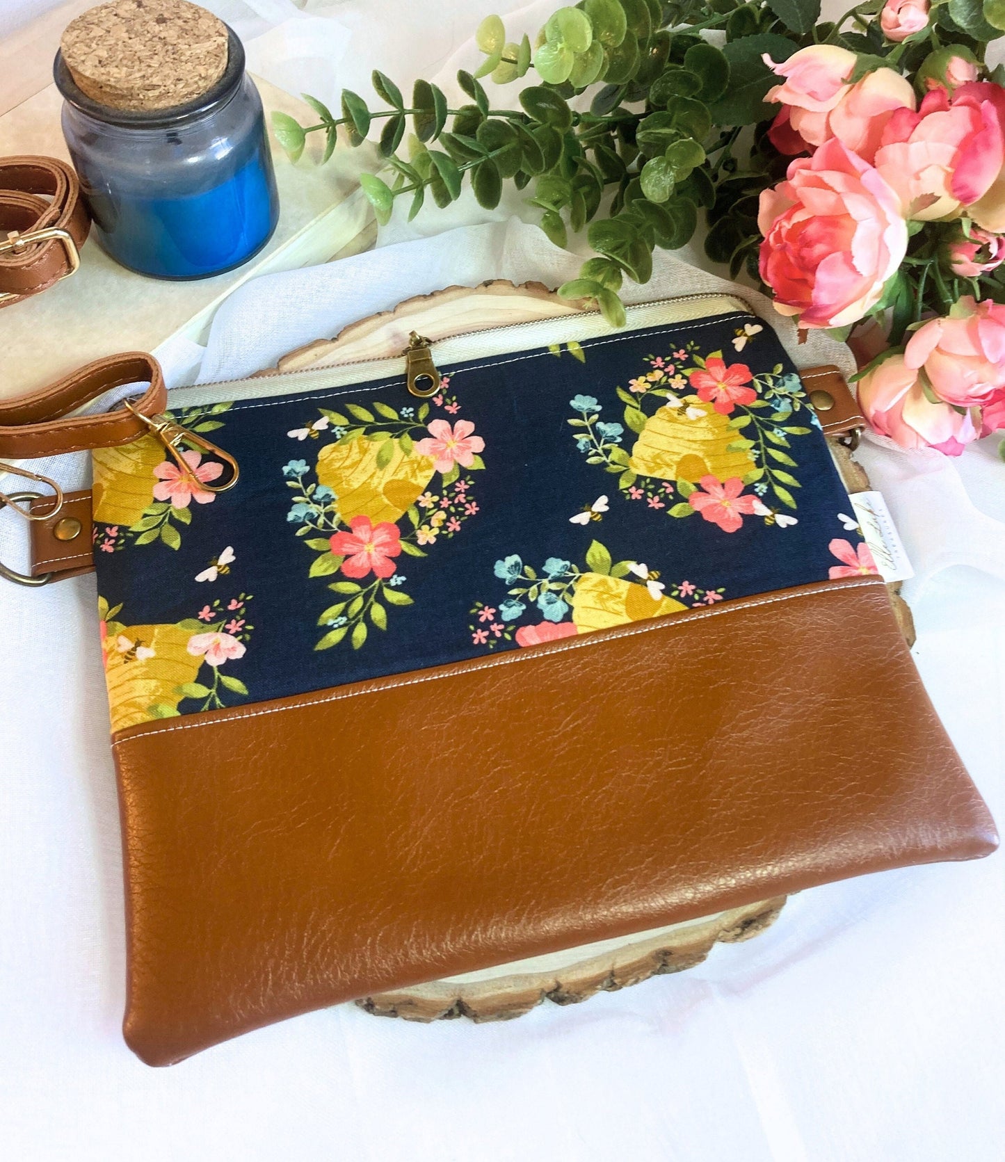 Honeybee Bee Floral Crossbody Purse | Brown Vegan Faux Leather