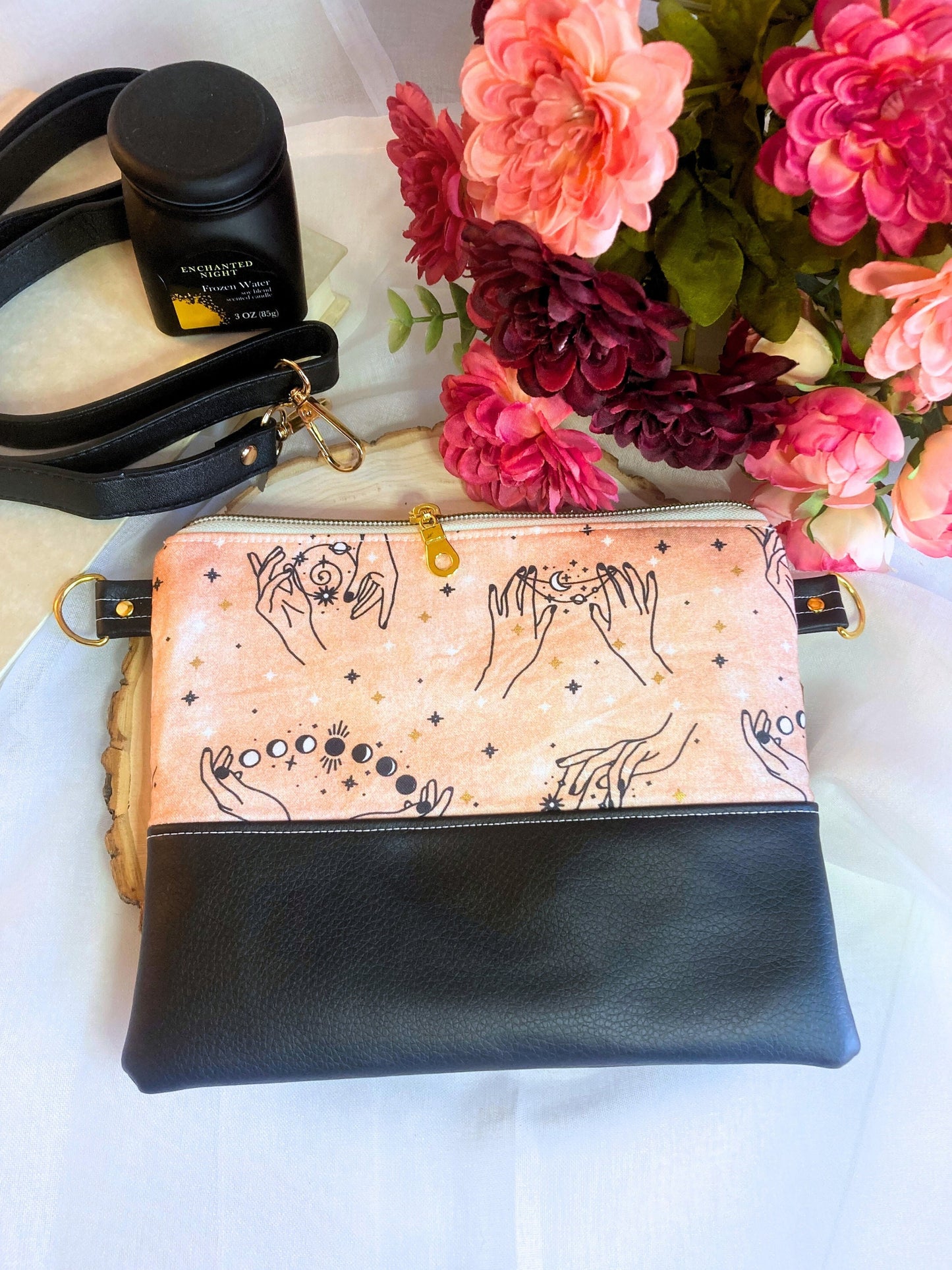 Witchy Peachy Moon and Stars Crossbody Purse | Black Vegan Faux Leather