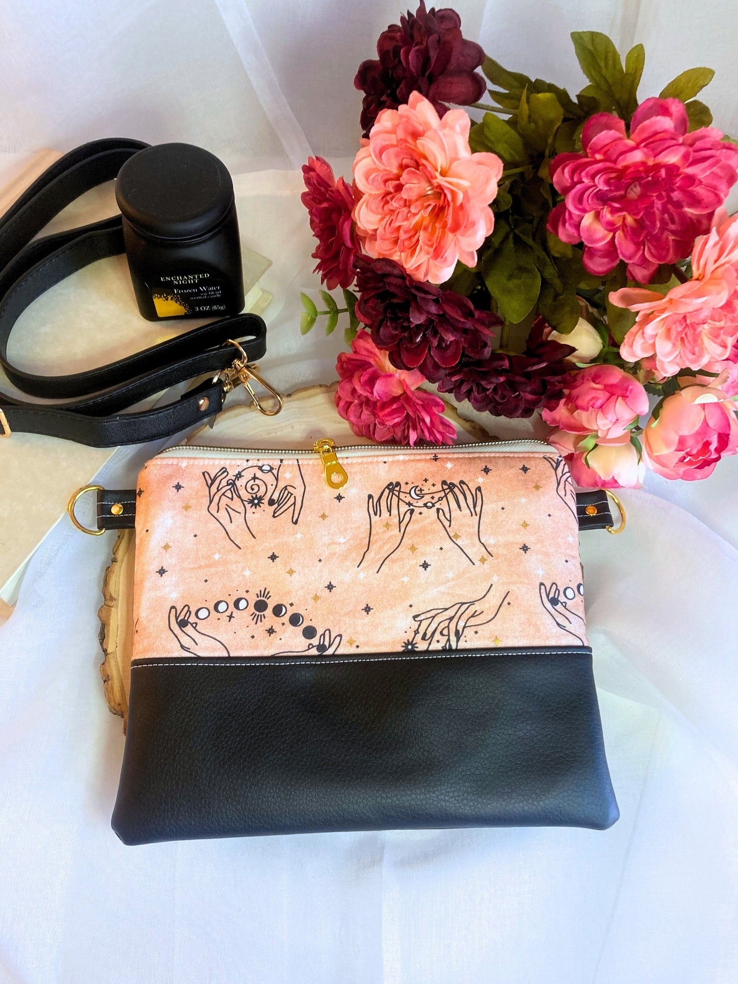 Witchy Peachy Moon and Stars Crossbody Purse | Black Vegan Faux Leather