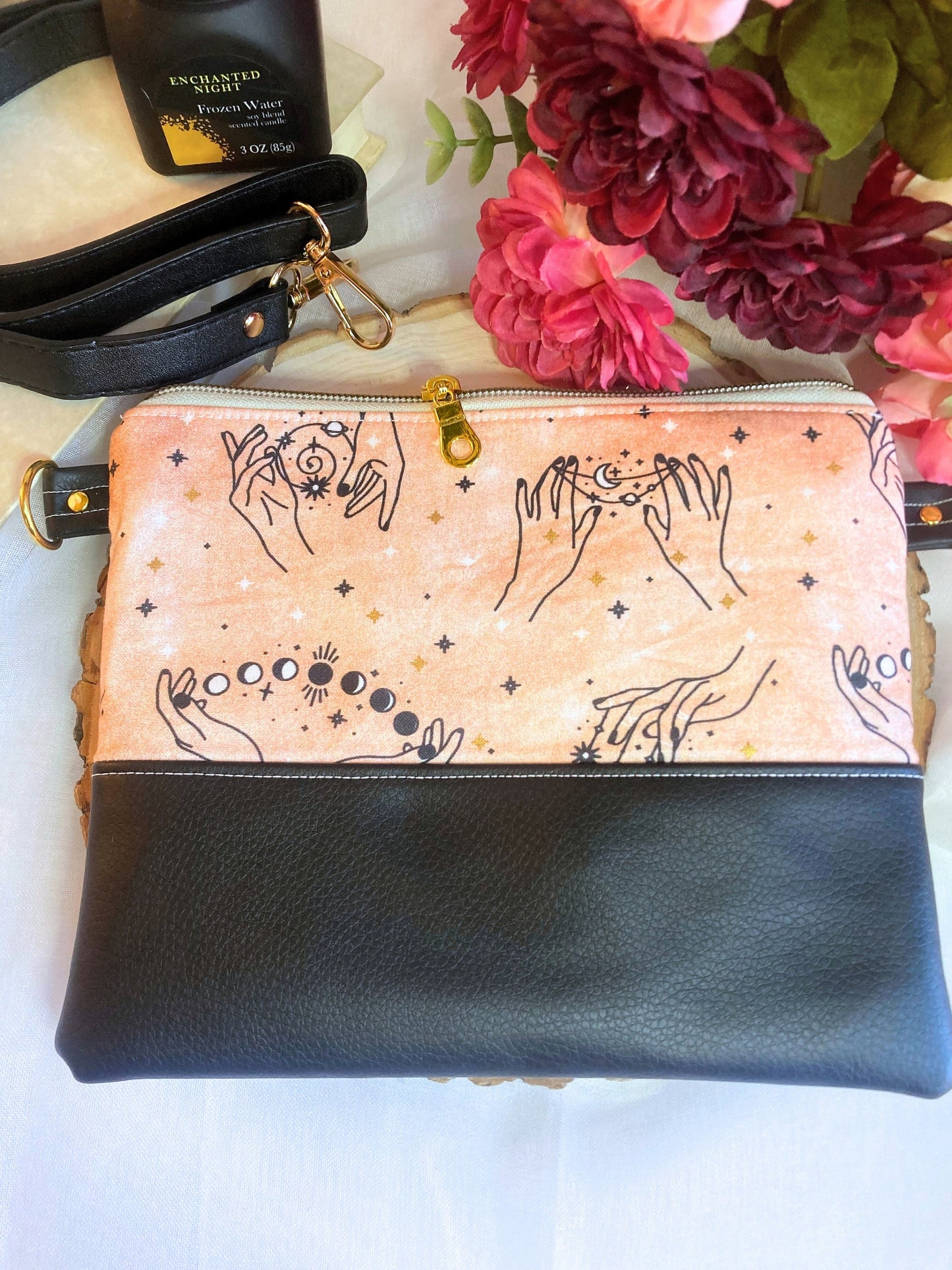 Witchy Peachy Moon and Stars Crossbody Purse | Black Vegan Faux Leather