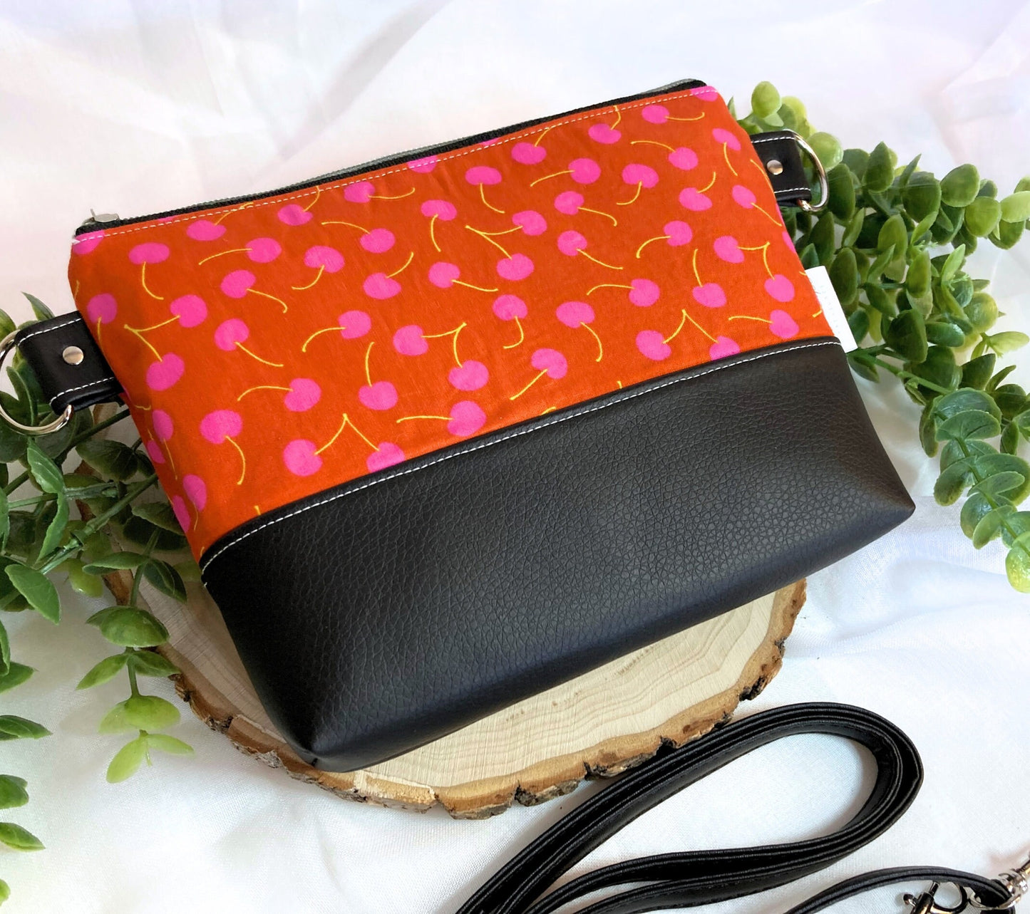 Cherry Crossbody Purse | Black Vegan Faux Leather