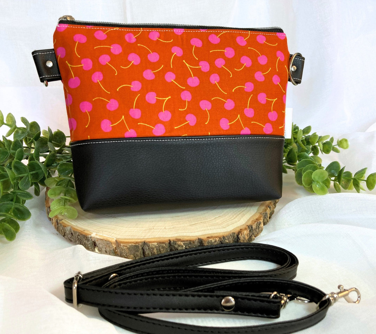 Cherry Crossbody Purse | Black Vegan Faux Leather