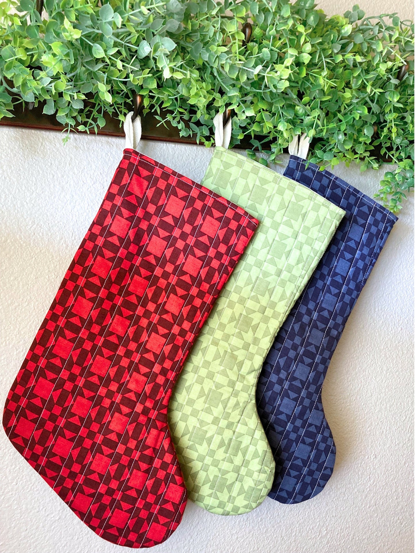 Wholecloth Rustic Quilted Christmas Stocking | Cotton Traditional Quilted Stocking Bag | Modern Farmhouse | Handmade, Unique & One of a Kind