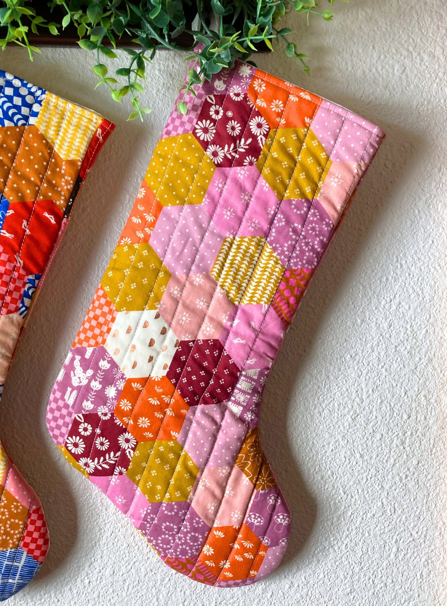 Ruby Star Society Retro Hexagon Print Quilted Traditional Christmas Stocking Bag | Vintage Inspired | Cotton Handmade, Unique & One of Kind
