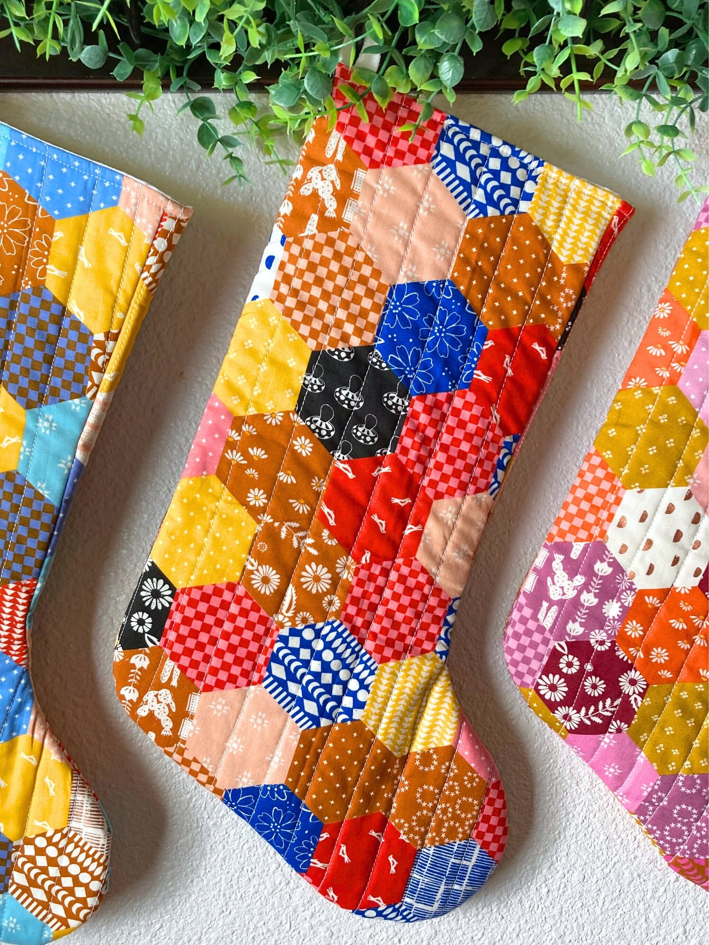 Ruby Star Society Retro Hexagon Print Quilted Traditional Christmas Stocking Bag | Vintage Inspired | Cotton Handmade, Unique & One of Kind