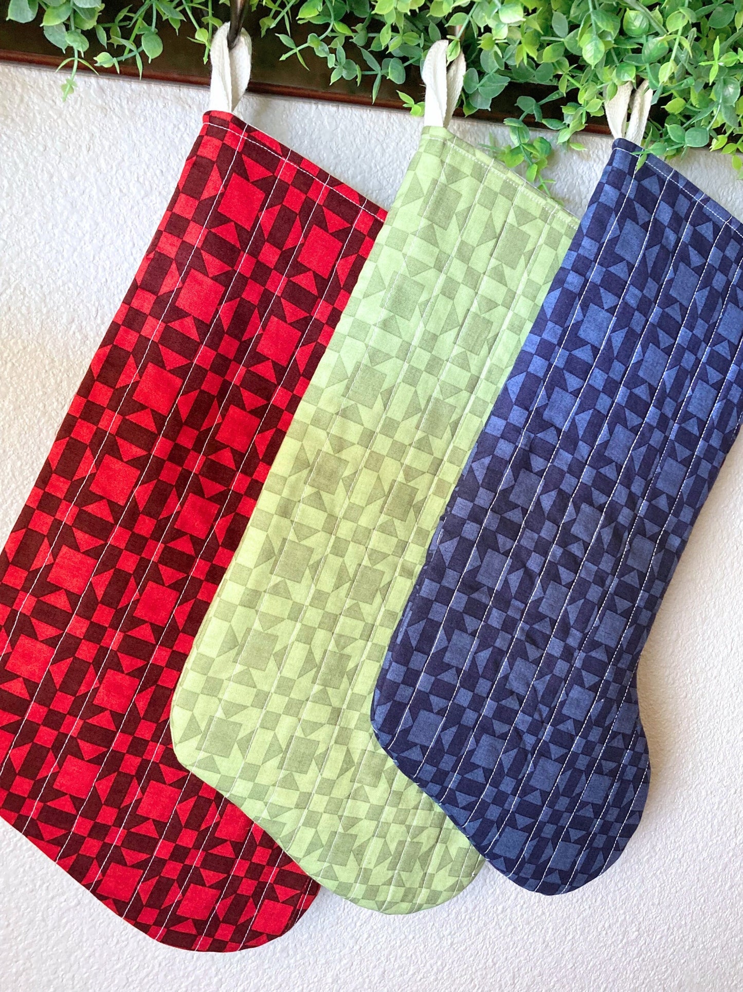 Wholecloth Rustic Quilted Christmas Stocking | Cotton Traditional Quilted Stocking Bag | Modern Farmhouse | Handmade, Unique & One of a Kind