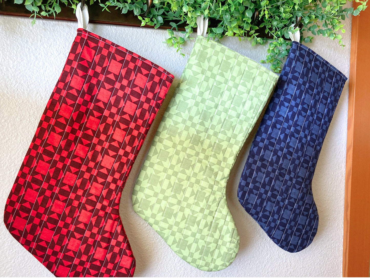 Wholecloth Rustic Quilted Christmas Stocking | Cotton Traditional Quilted Stocking Bag | Modern Farmhouse | Handmade, Unique & One of a Kind